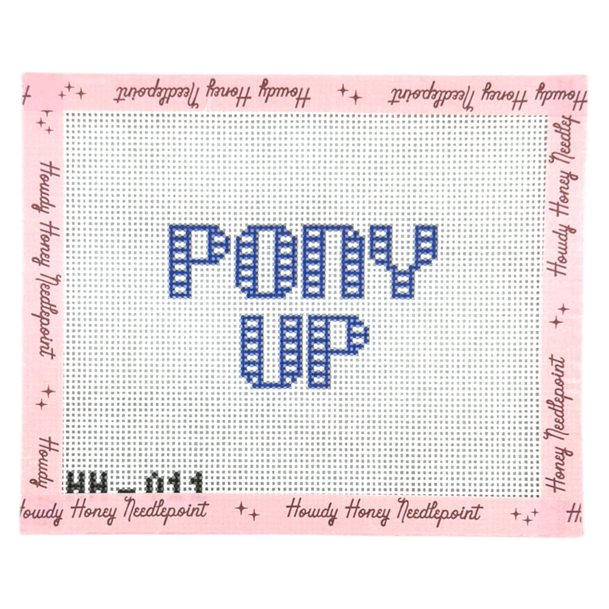A needlepoint canvas featuring the words 'POTY UP' in blue lettering on a white grid, surrounded by a pink border with the brand name 'Howdy Honey Needlepoint' repeated along the edges.