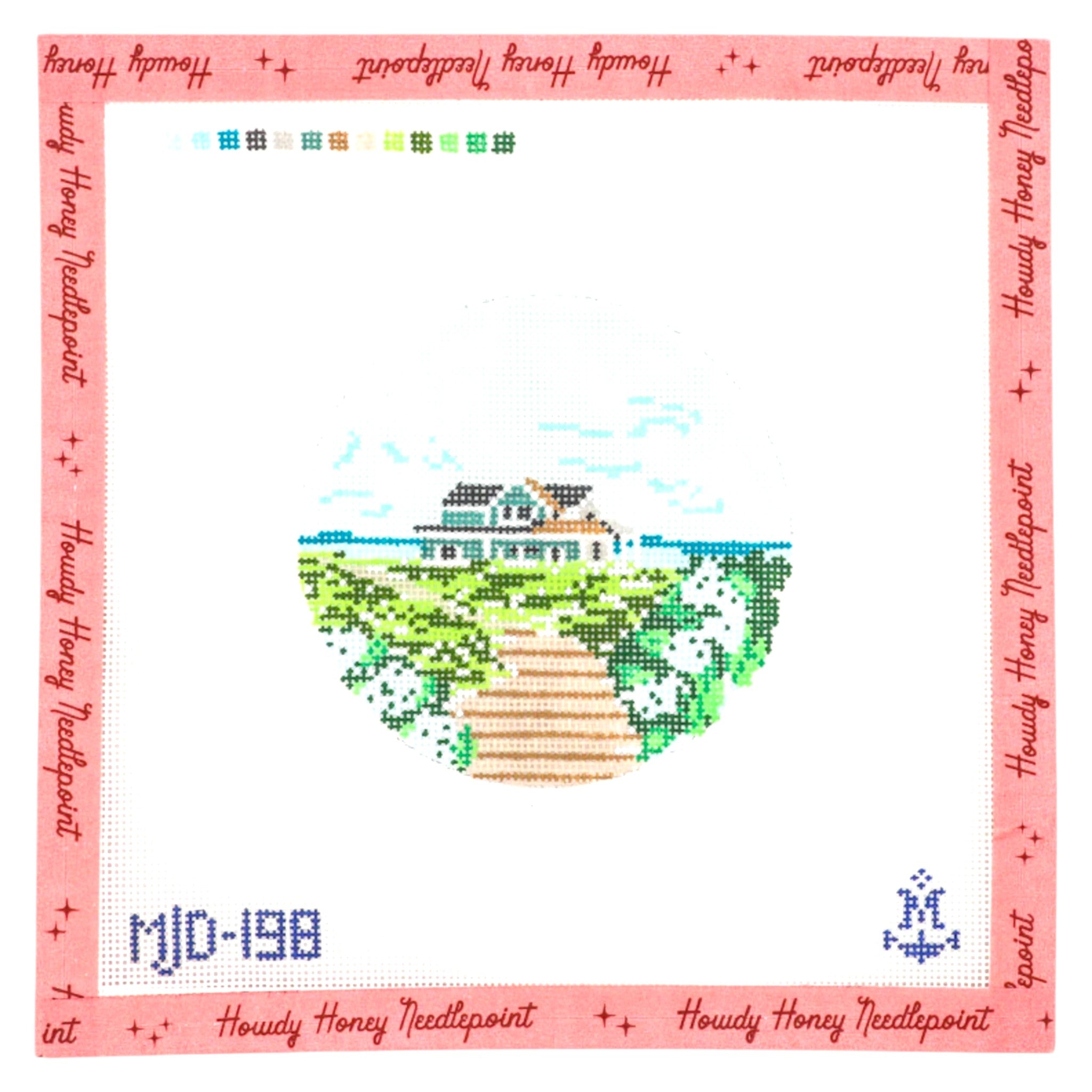 Cross-stitched design of a house with a red border and text, featuring 'Howdy Honey Needlepoint'.