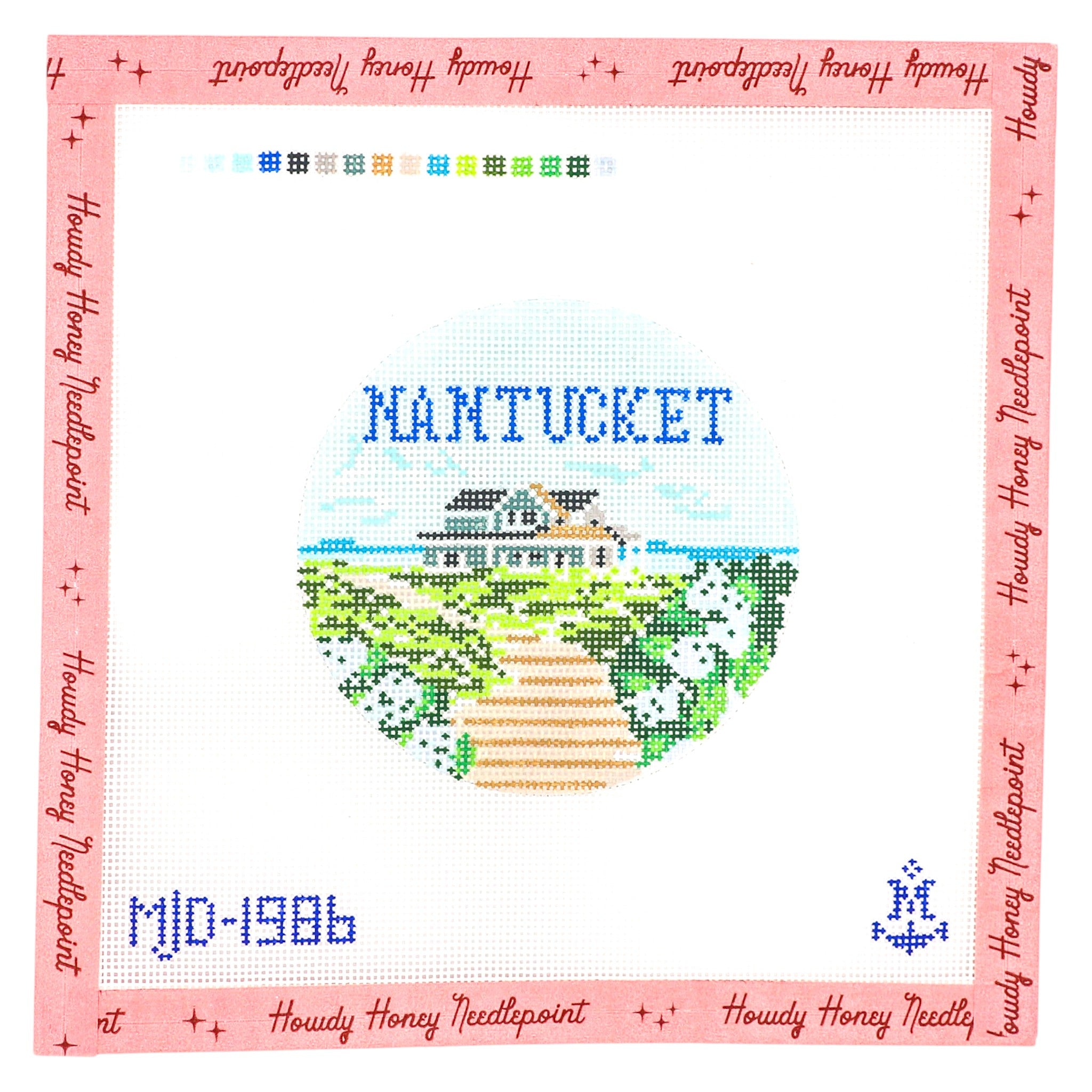 Cross-stitched design of Nantucket with a pink border and 'Howdy Honey Needlepoint' branding.