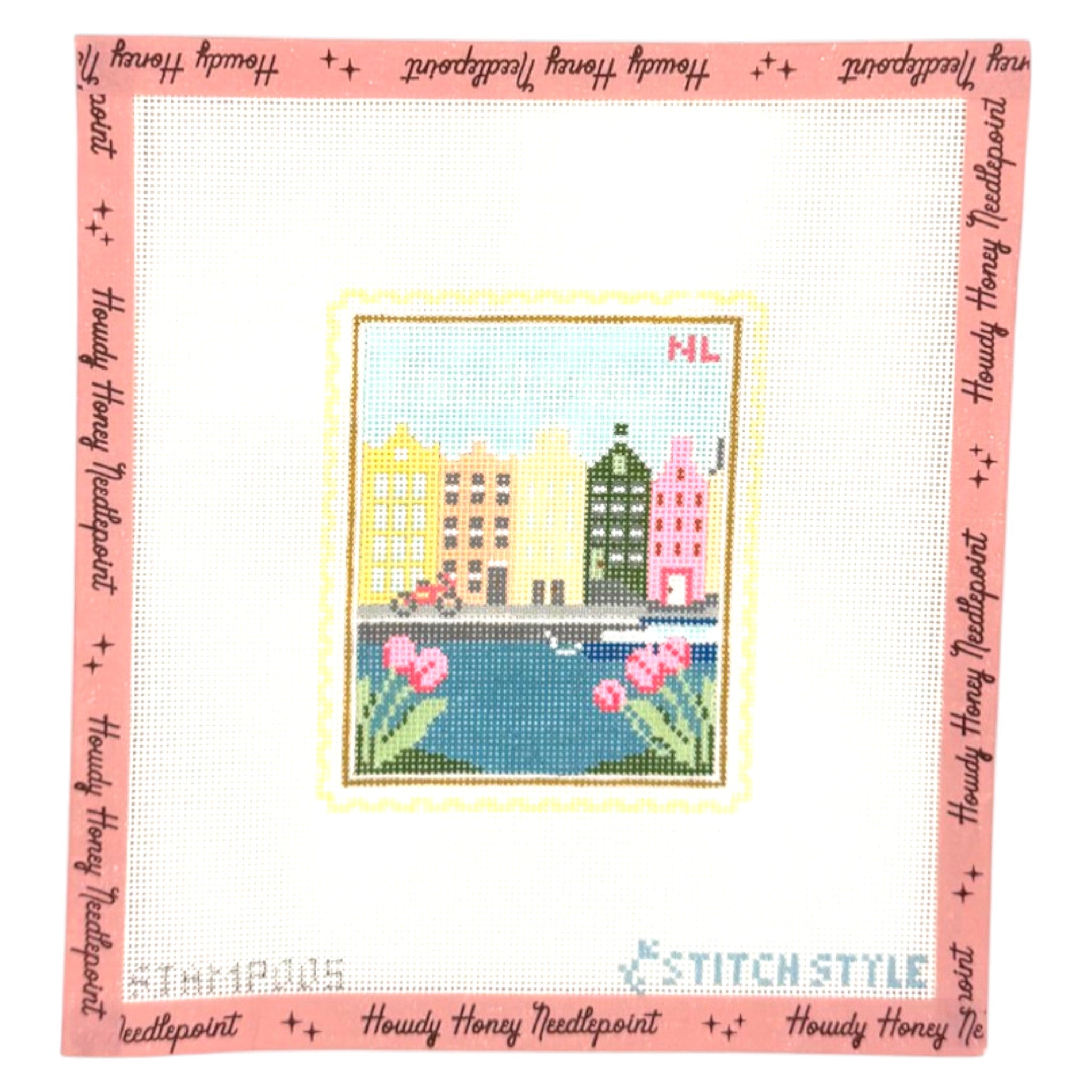 Cross-stitched cityscape with buildings and flowers on a white background with 'Heady Honey Needlepoint' branding.
