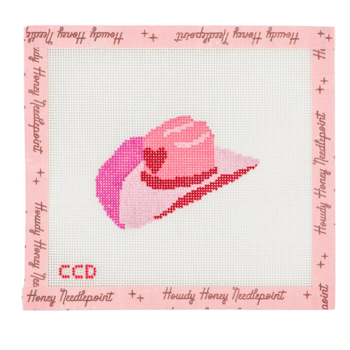 Cross-stitched design of a pink rose on white fabric with 'Honey Needlepoint' branding.