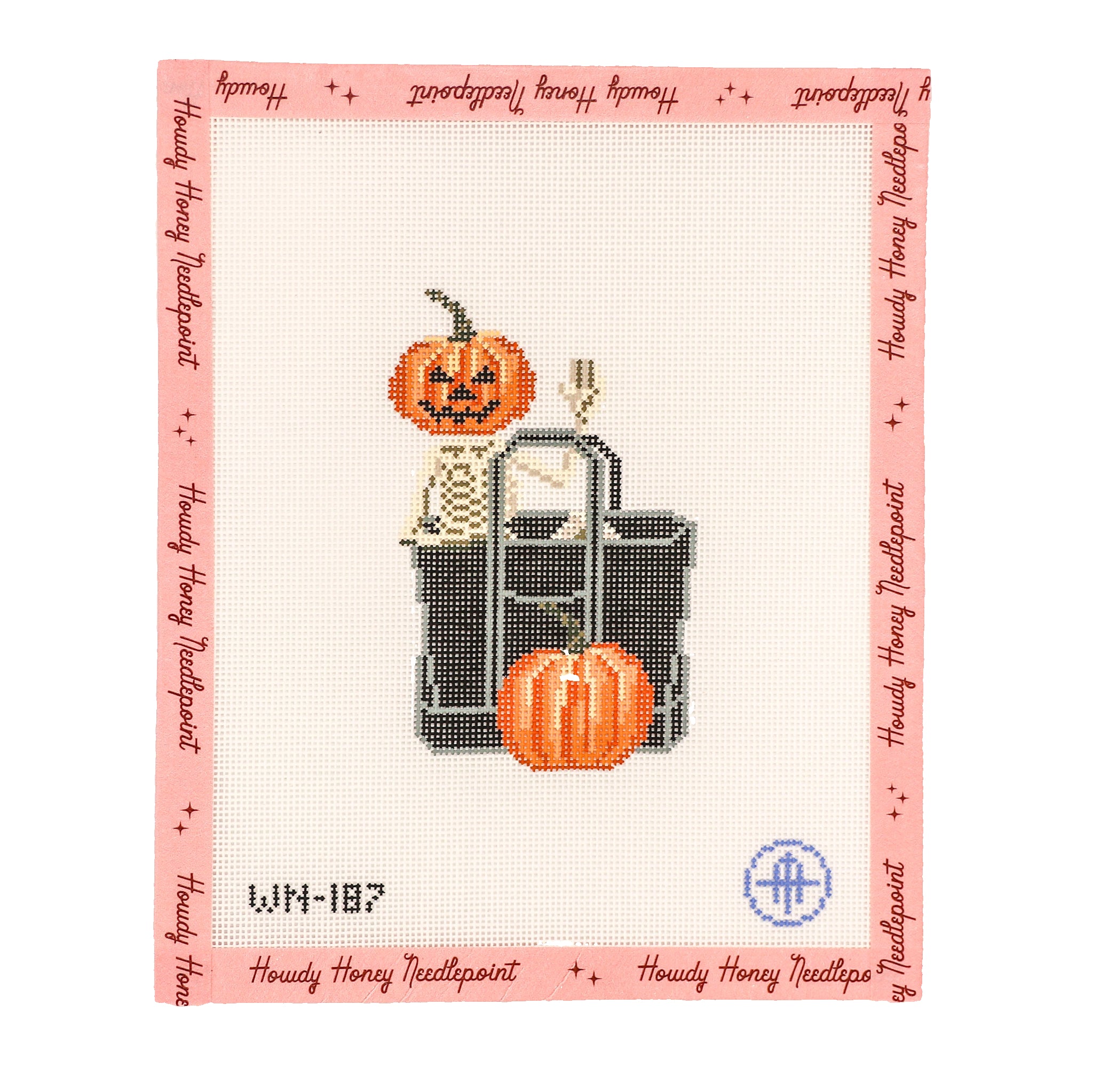 Cross-stitched design of a clock with pumpkins on a white background with pink border