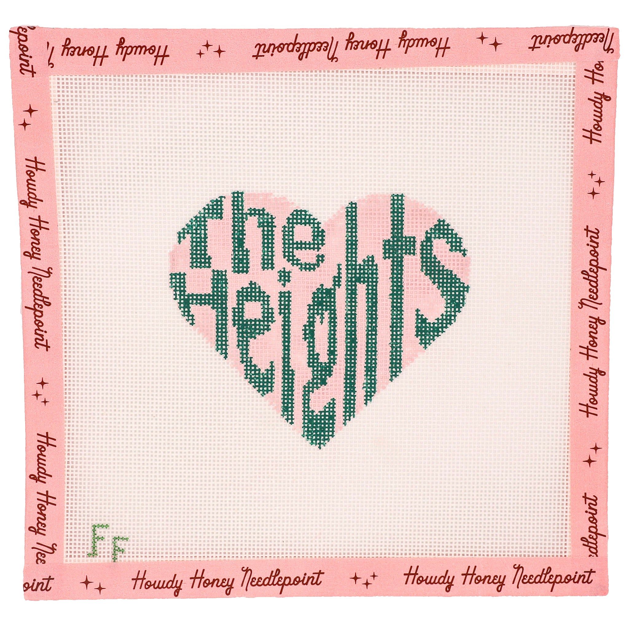 Cross-stitched heart design with 'The Heights' text on a pink border with 'Howdy Honey Needlepoint' branding.