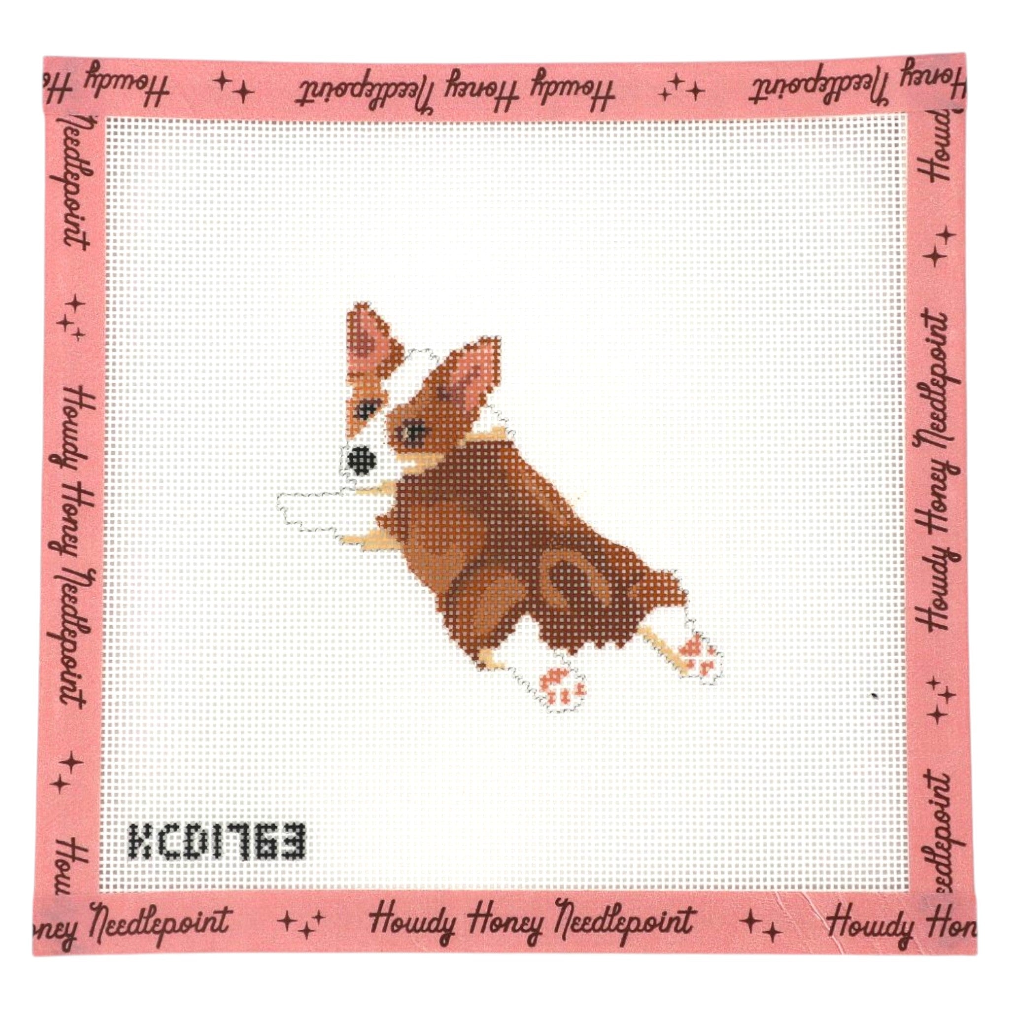 Cross-stitched corgi design on fabric with 'Howdy Honey Needlepoint' branding.