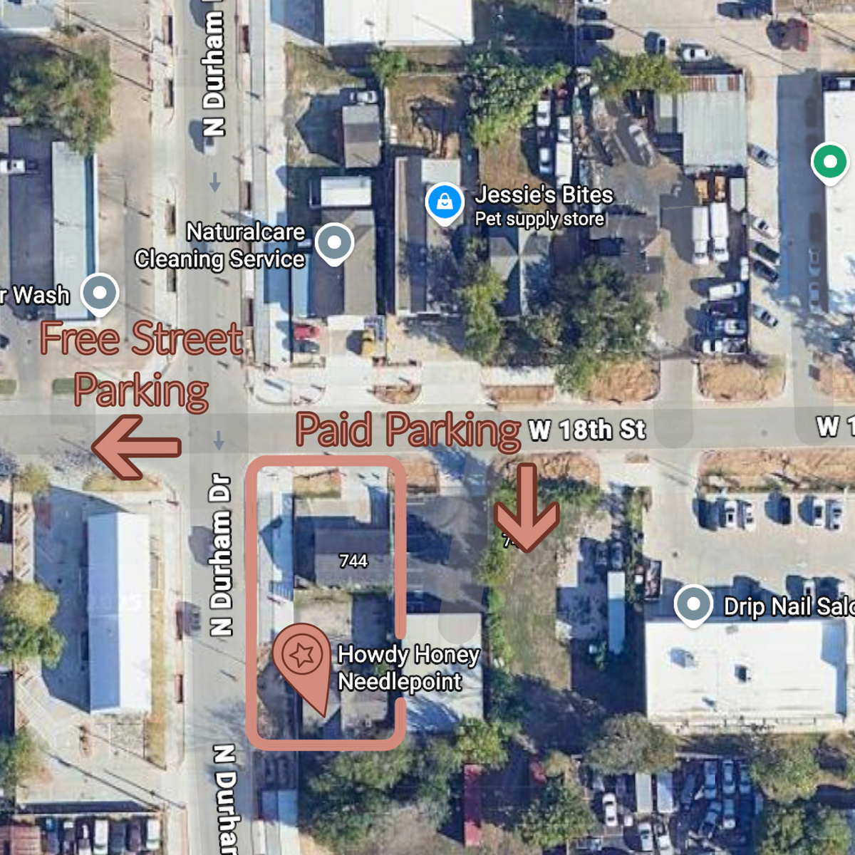 Map of a street with parking information and nearby businesses