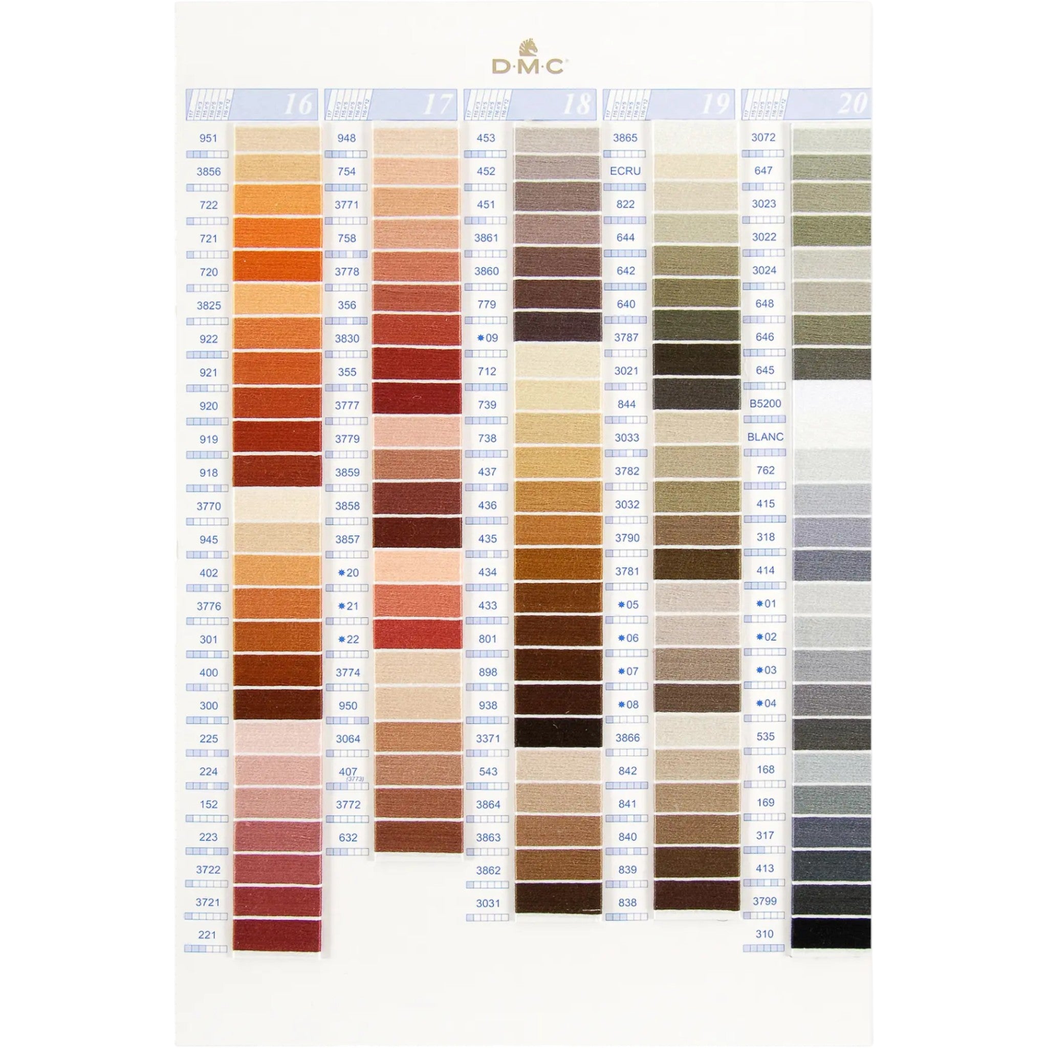 Color swatch chart with various shades of thread colors on a white background