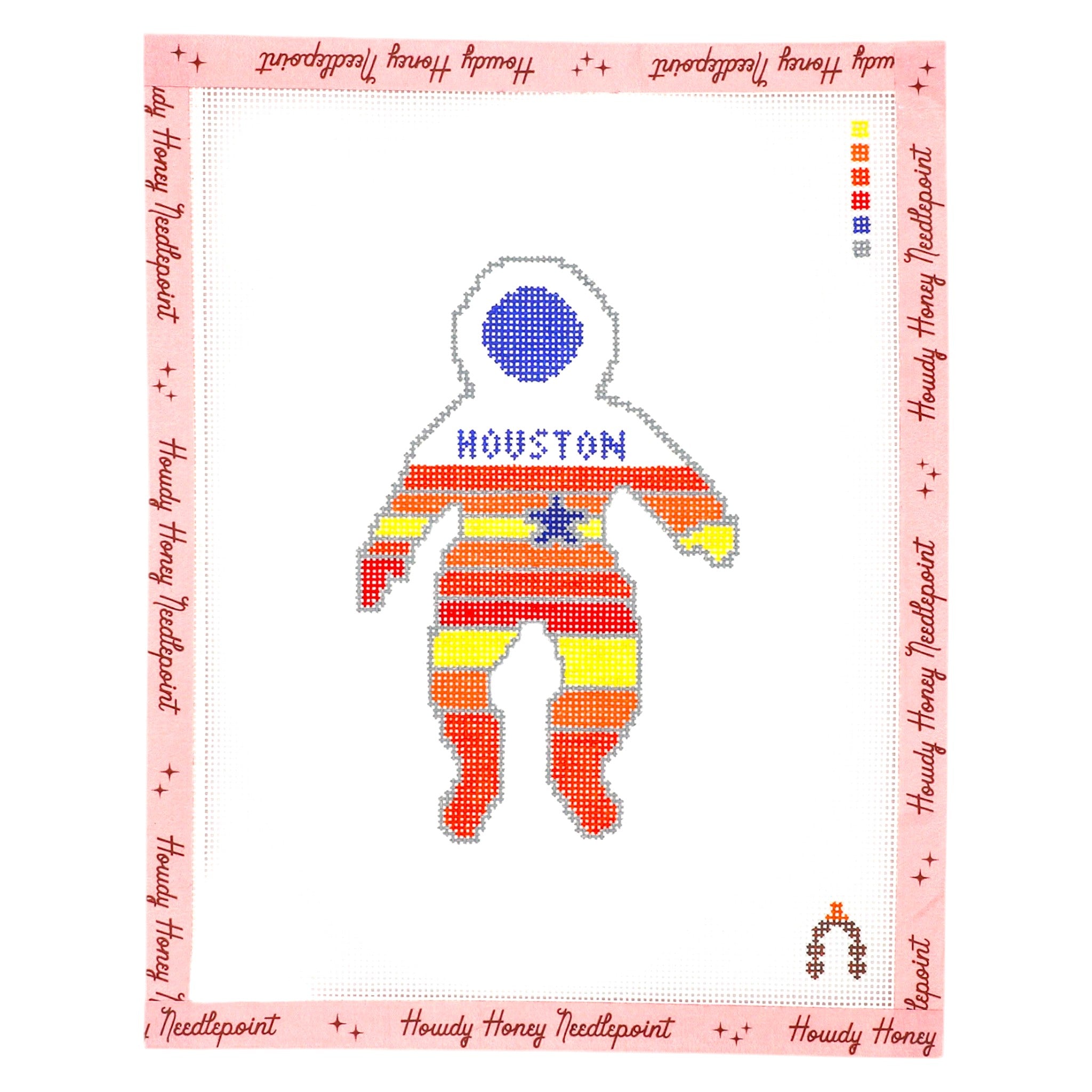 Cross-stitched pattern of an astronaut in a red, yellow, and blue suit on a pink background with 'Howdy Honey Needlepoint' text.