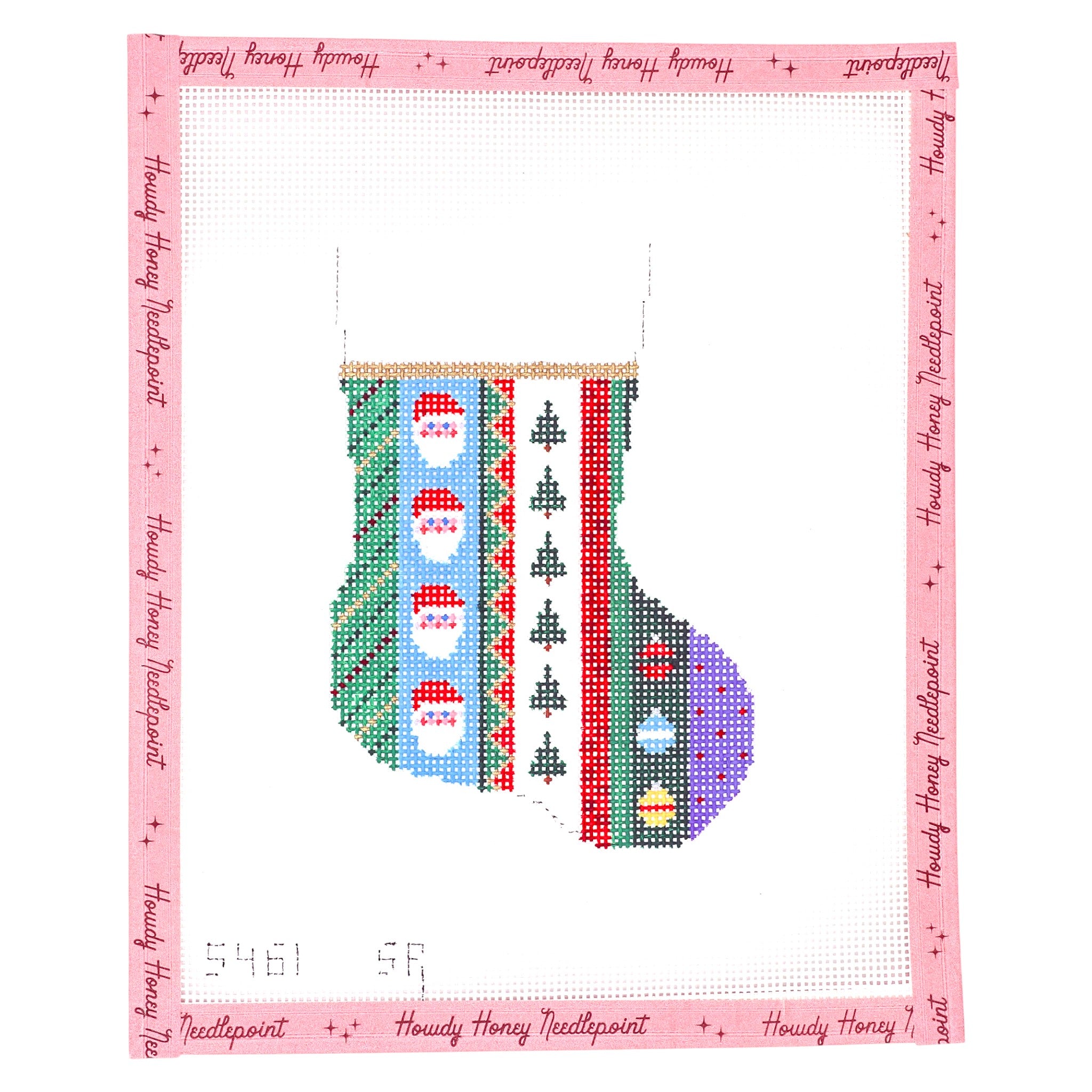 Cross-stitched Christmas stocking design on a pink background with text border.