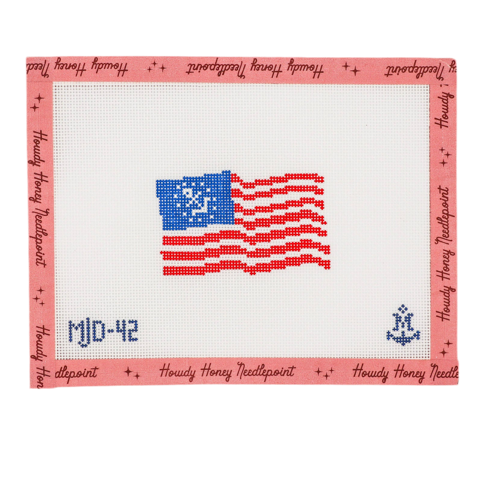 Cross-stitched American flag on a white background with red border, featuring 'Howdy Honey Needlepoint' branding.