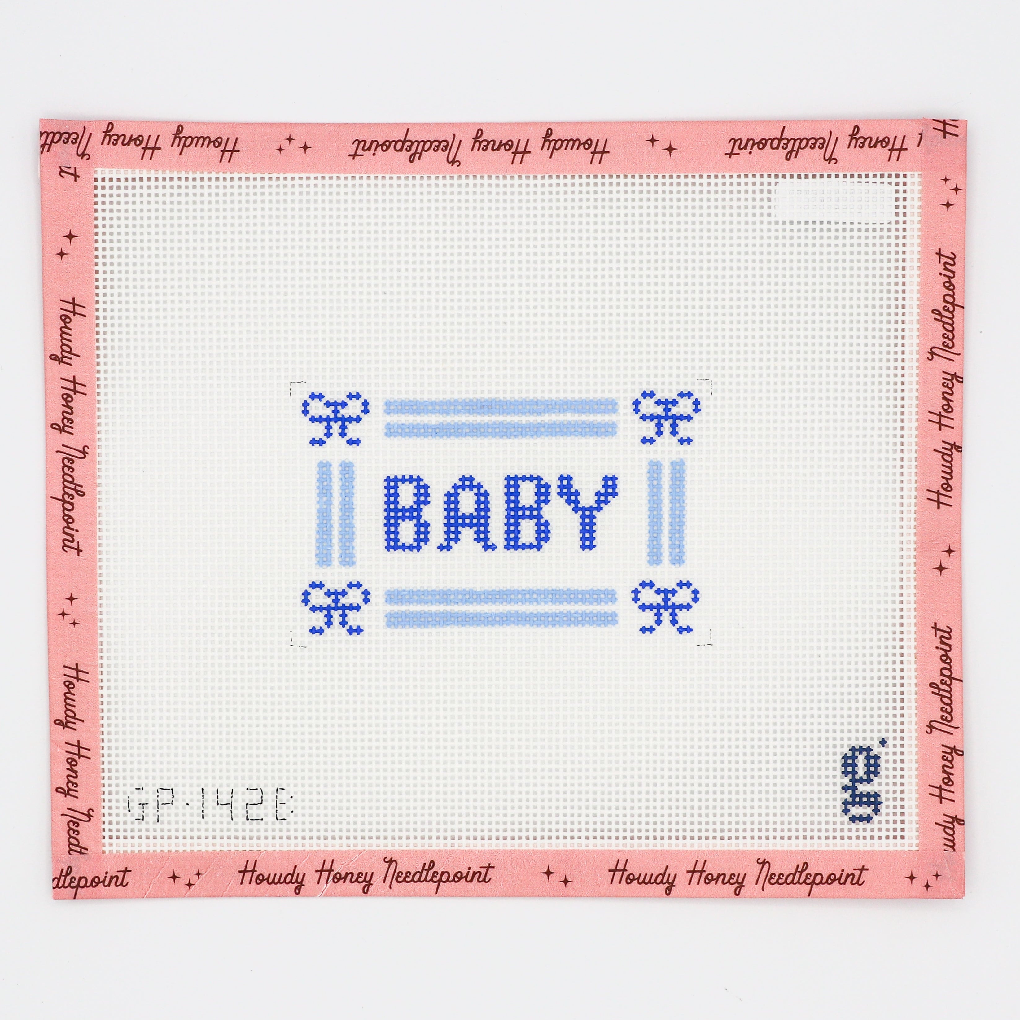 Cross-stitched design with 'BABY' text on a white background