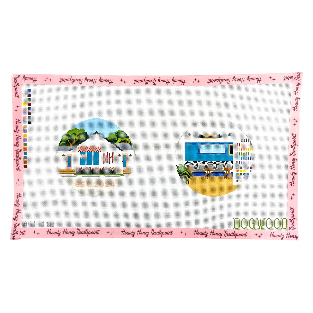 A square needlepoint canvas featuring two circular embroidered-style designs on a white grid background, bordered by pink text reading 'Heidi Henry Needlepoint' and 'DOGWOOD' near the bottom right. Color swatches and a small code 'MGL-11B' are visible on the canvas.