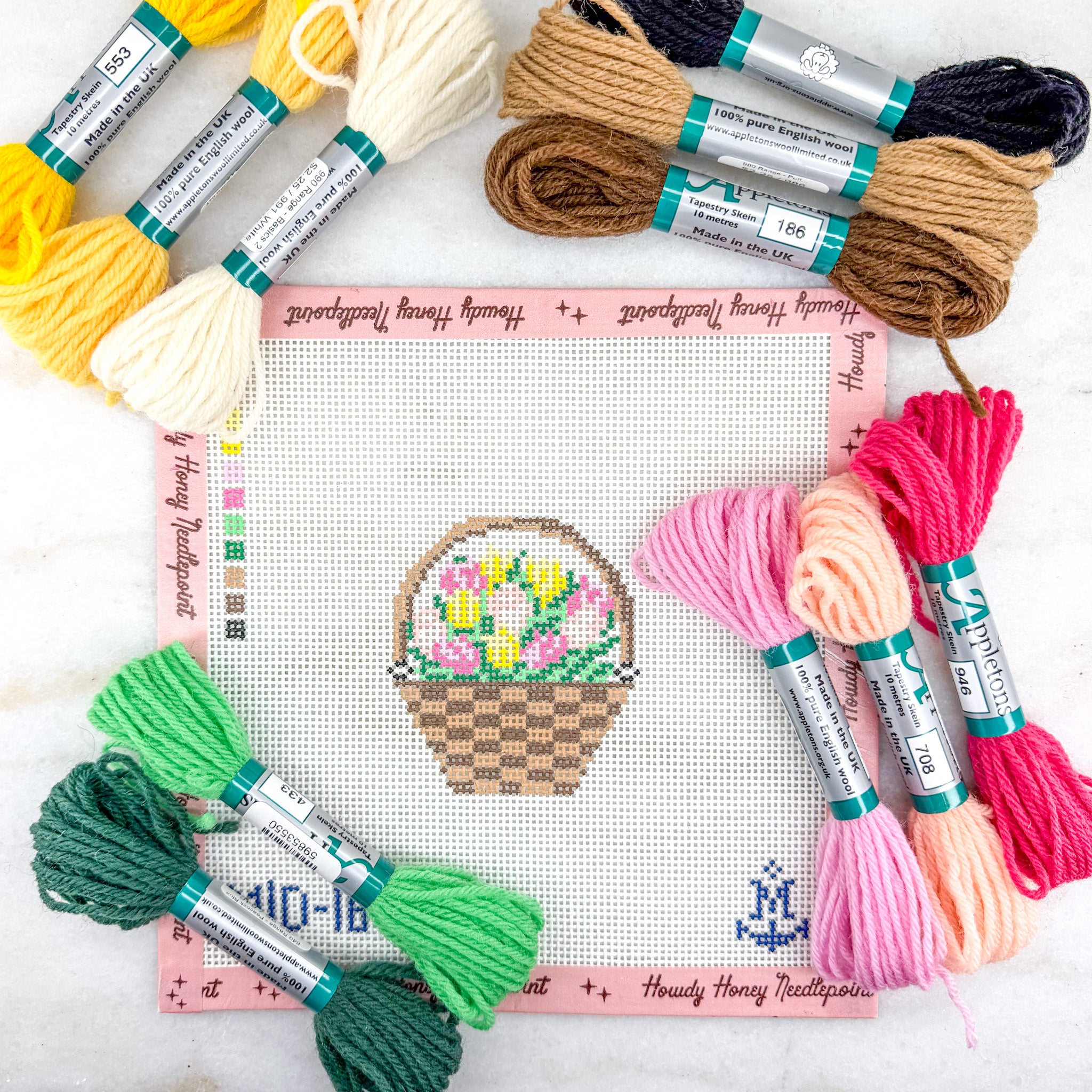 Colorful embroidery floss spools with a cross-stitch pattern of a Easter basket on a white background.