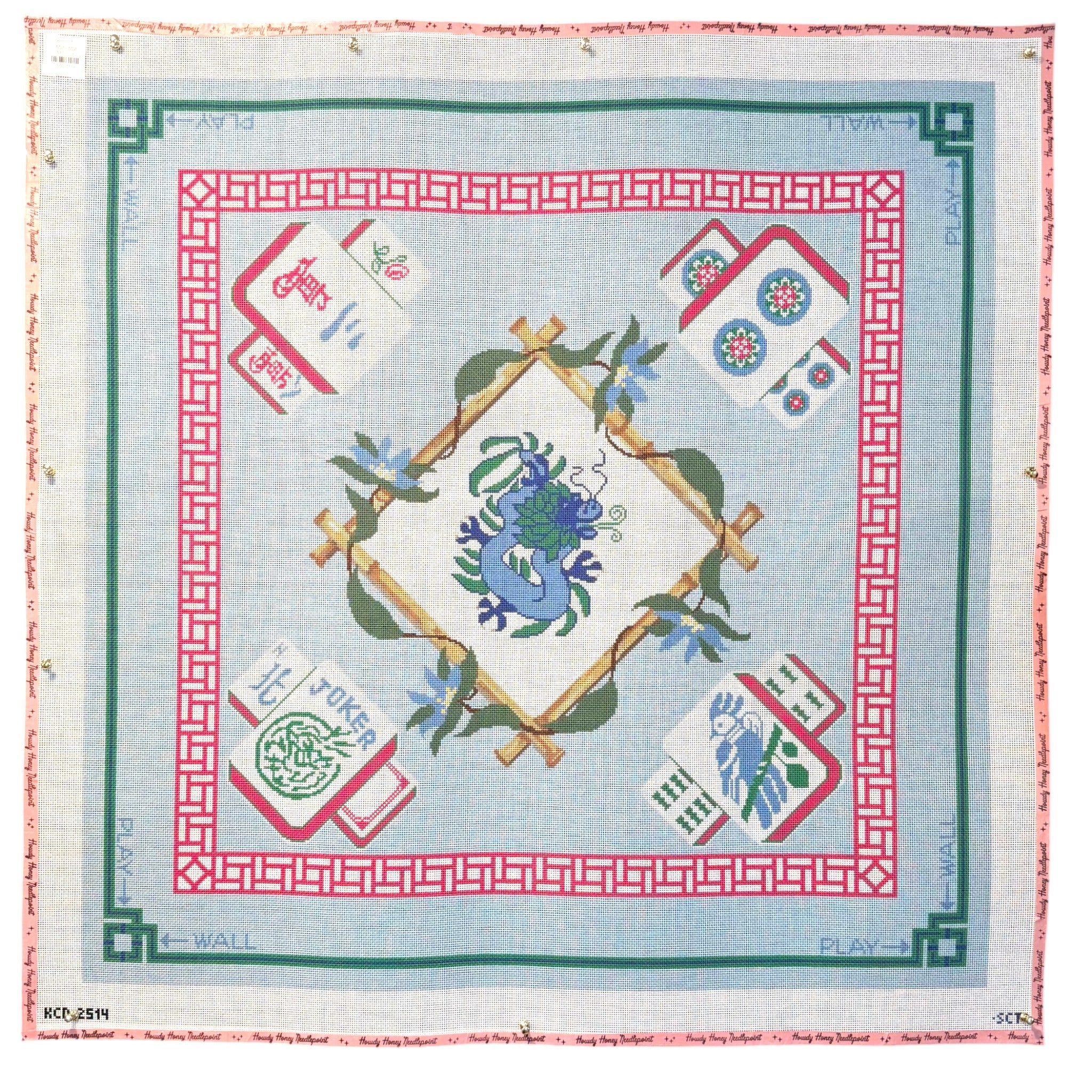 Decorative tablecloth with Chinese characters and dragon design on a light blue background