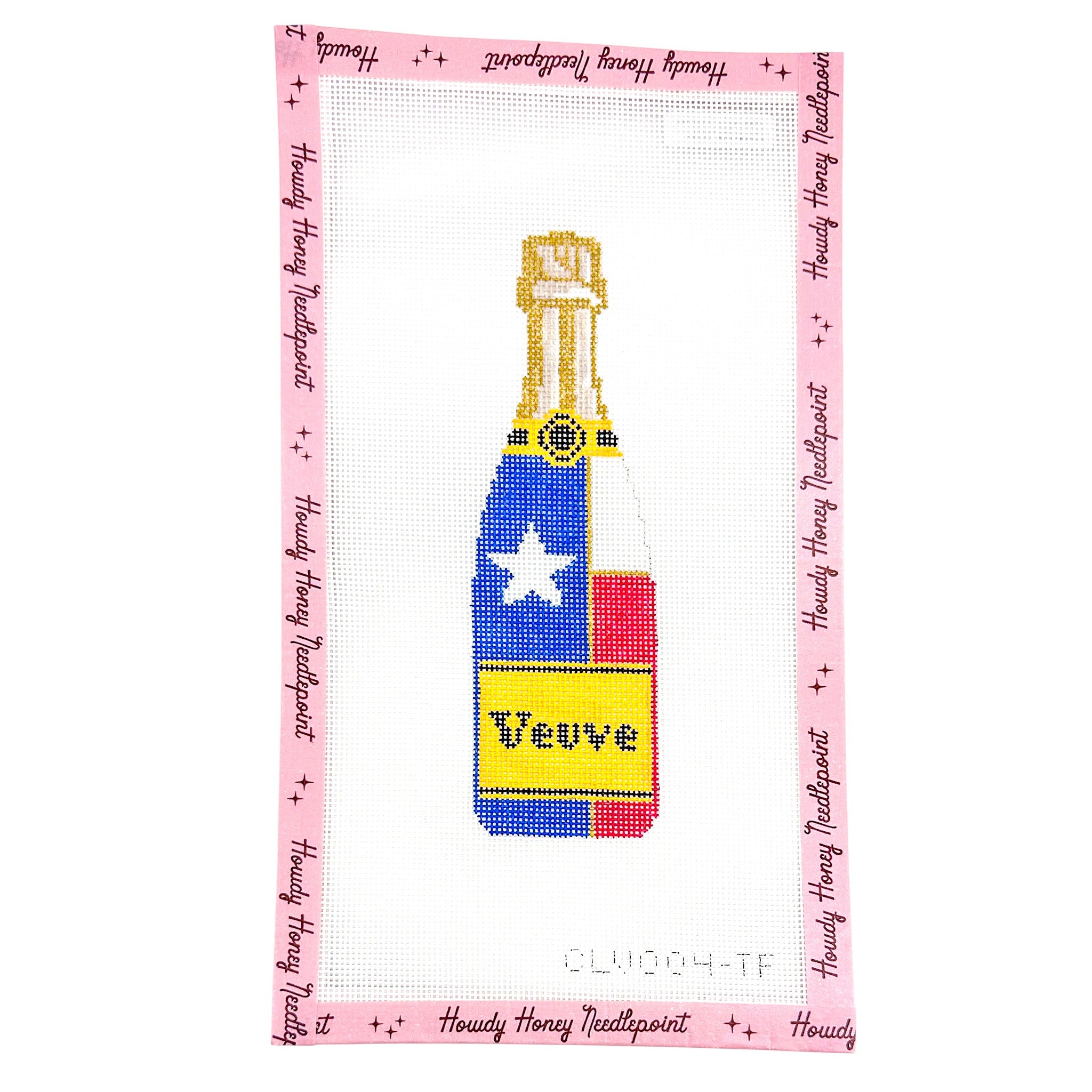 Cross-stitched design of a bottle with colorful label on a pink border with text