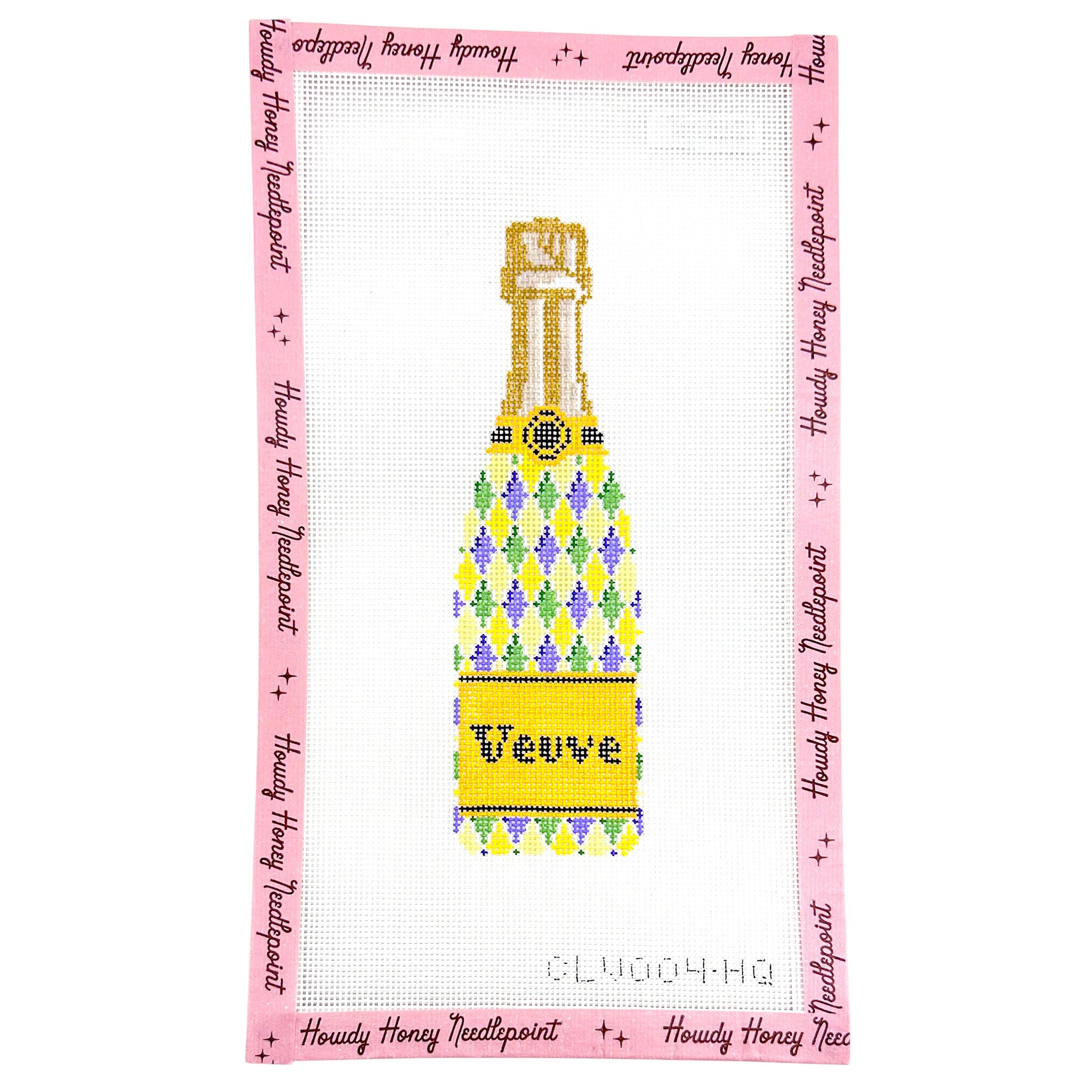 Cross-stitched design of a champagne bottle labeled 'Véuve' with a pink border and text.