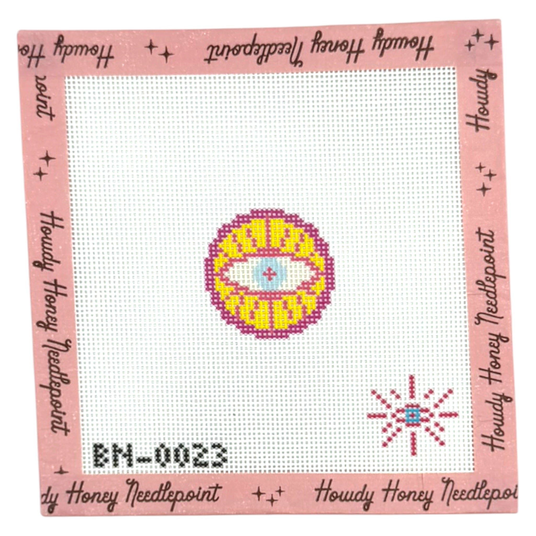 A needlepoint canvas featuring a stylized eye design in pink, yellow, and blue, surrounded by a pink border with the text 'Howdy Honey Needlepoint' and product code 'BM-0023'.