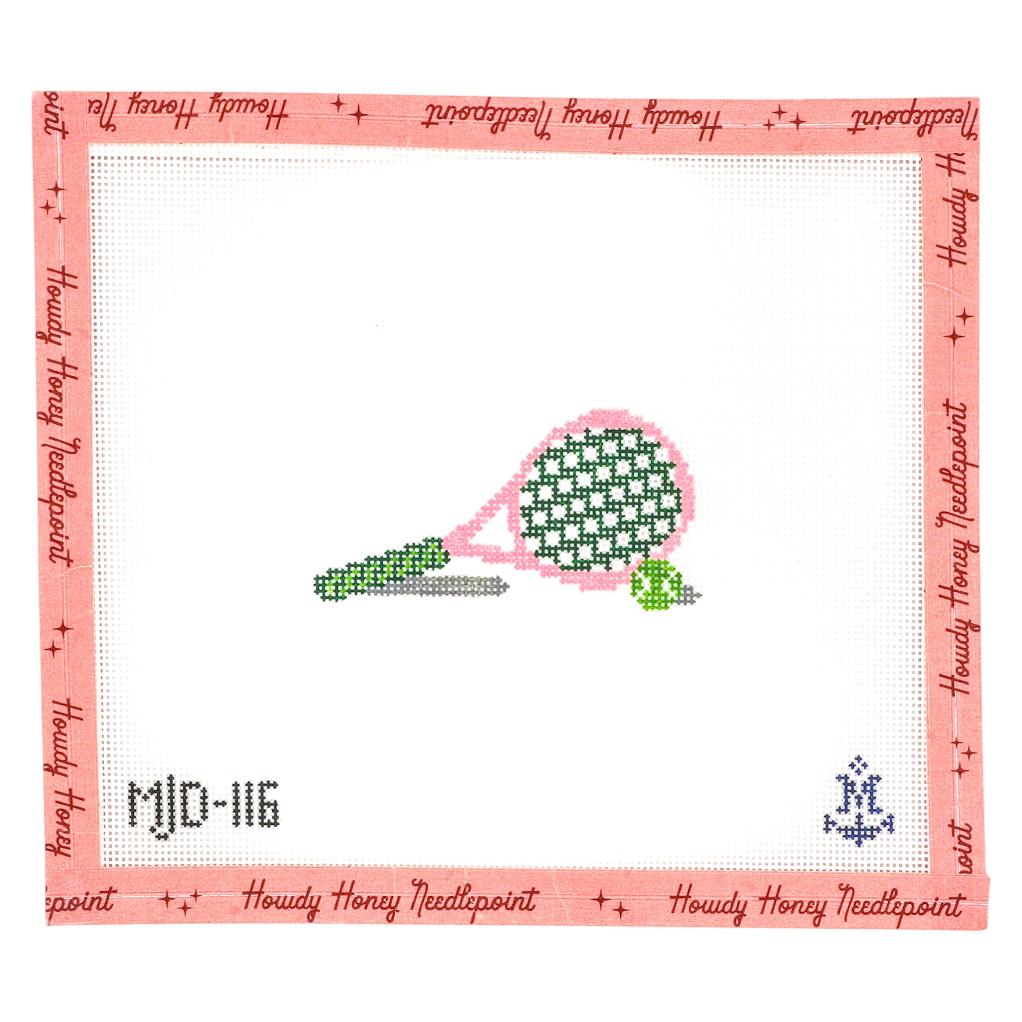 Cross-stitched tennis racket and ball design with 'Howdy Honey Needlepoint' border