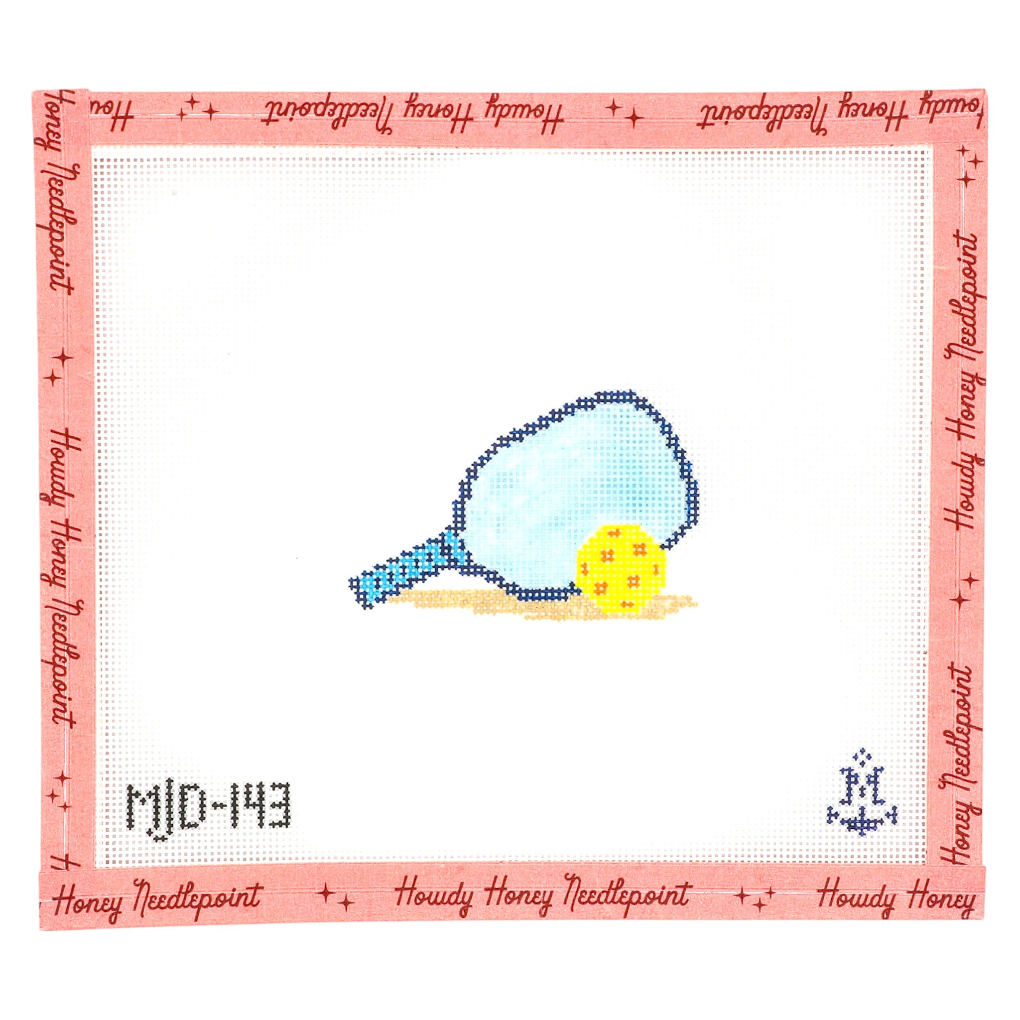 Cross-stitched design of a ping pong paddle and ball with 'Howdy Honey Needlepoint' branding.