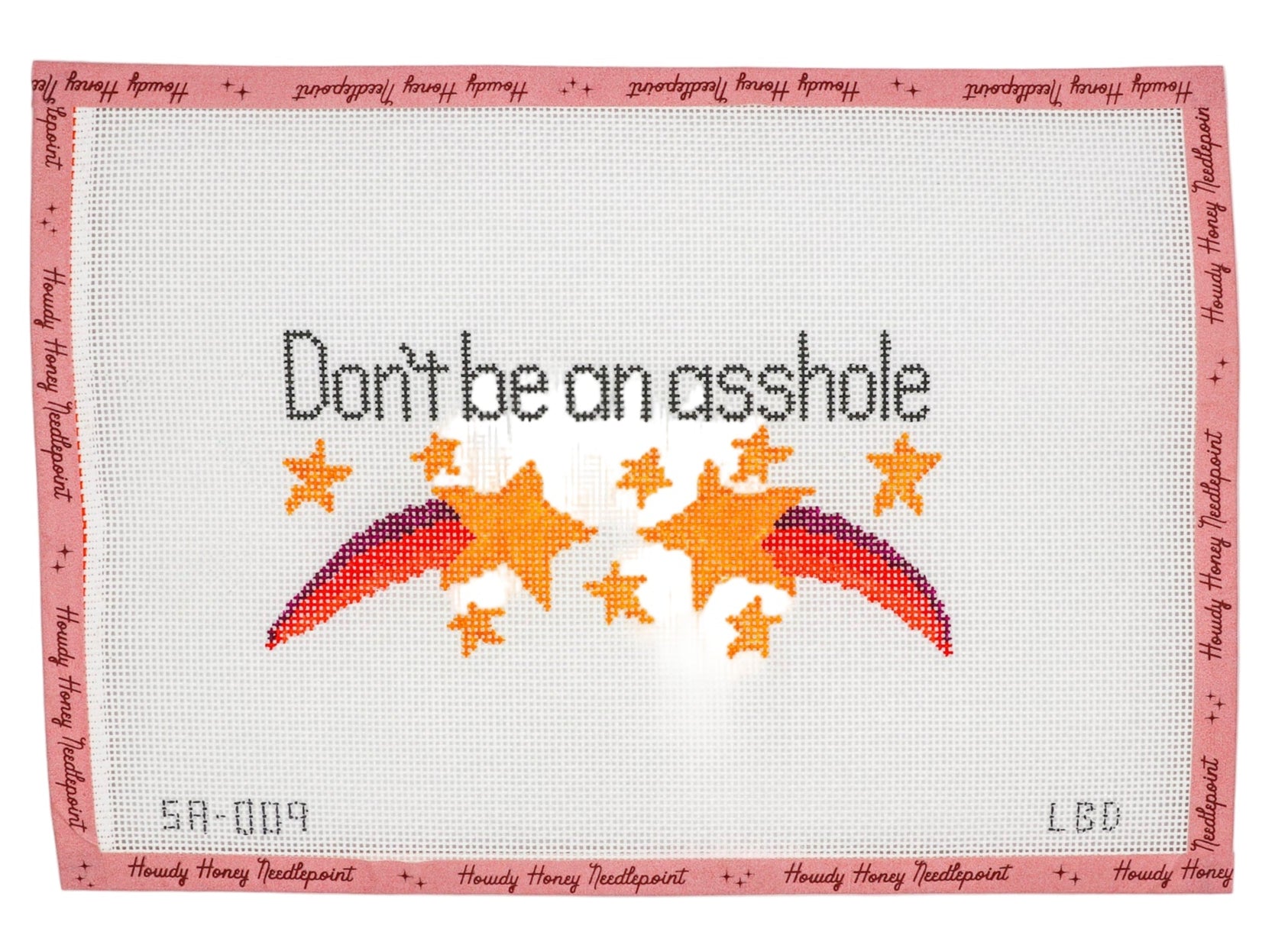 A needlecraft canvas with the text 'DON'T BE AN ASSHOLE' stitched in a colorful design, surrounded by stars and a rainbow motif.