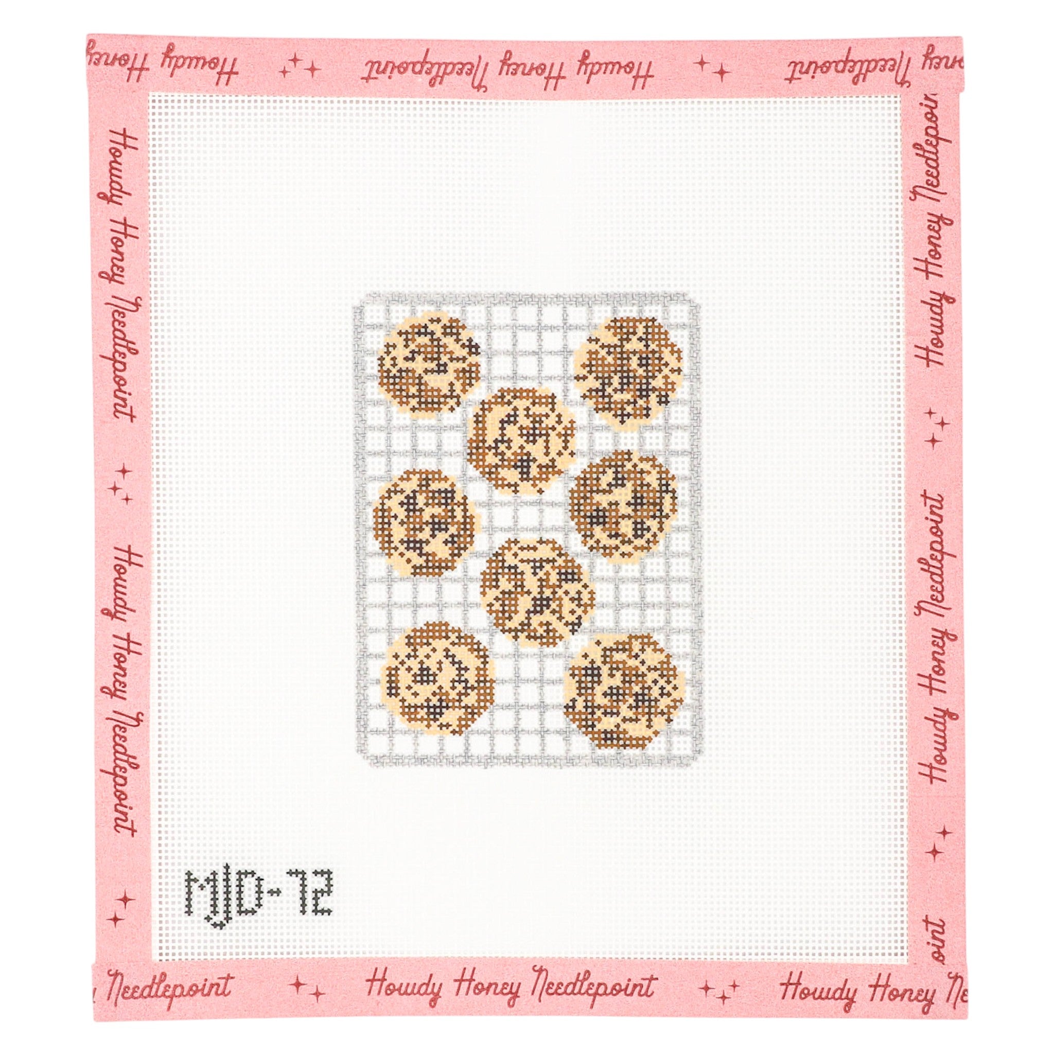 Cross-stitched pattern of honeycomb on a white background with pink border and text.