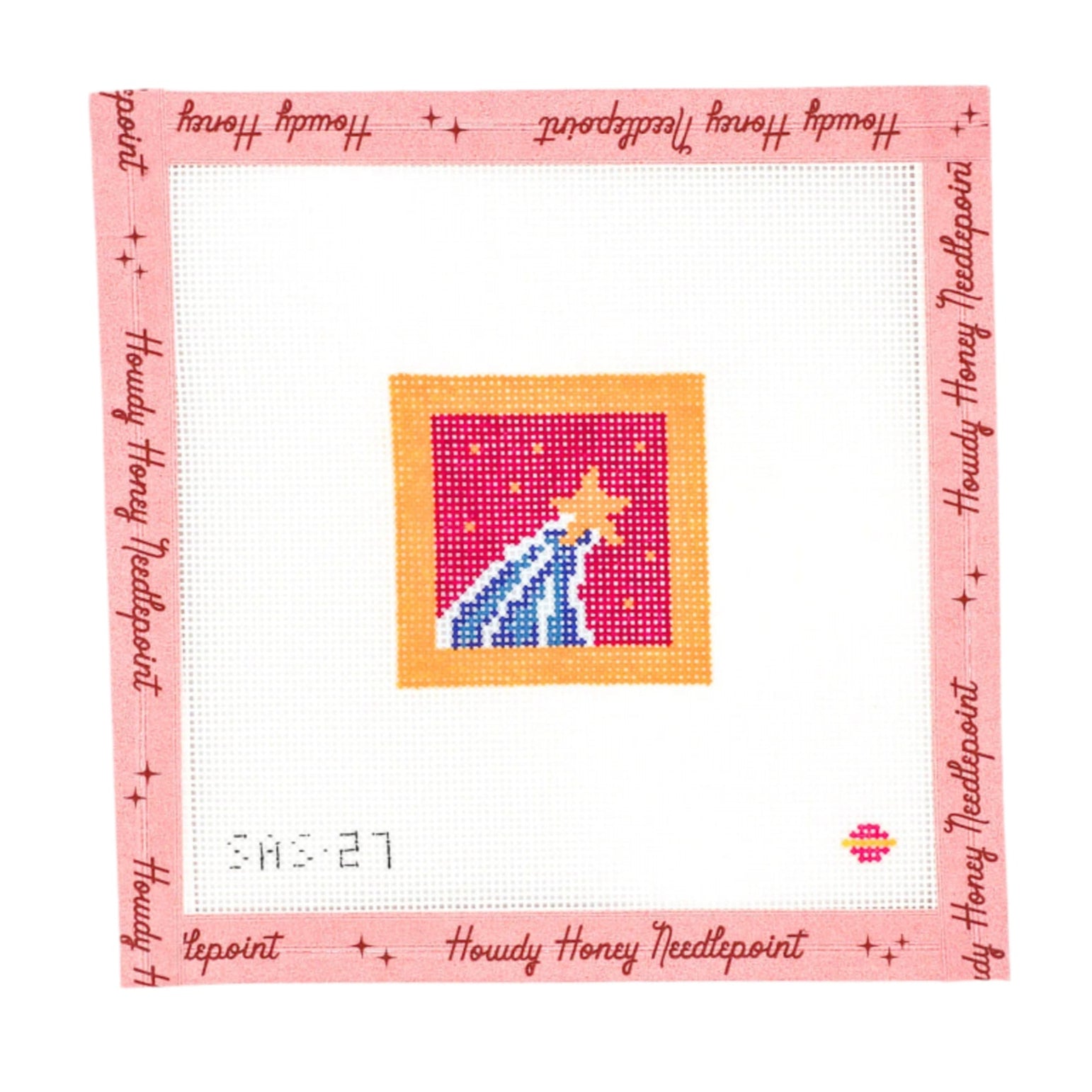 A 6x6 inch canvas with a design of a shooting star in blue and orange on a pink background, labeled with 'Sally Sparrow' and 'Hand-painted'.