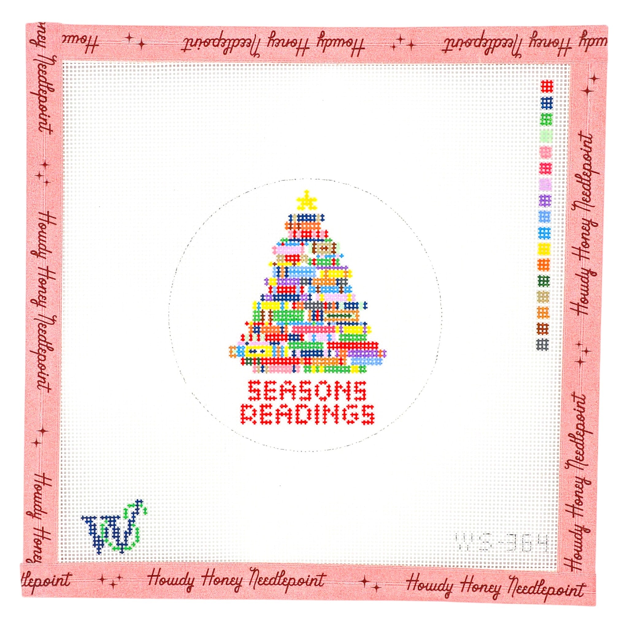 Cross-stitched Christmas tree design with 'Seasons Readings' text on a pink border, featuring the brand 'Howdy Honey Needlepoint'.