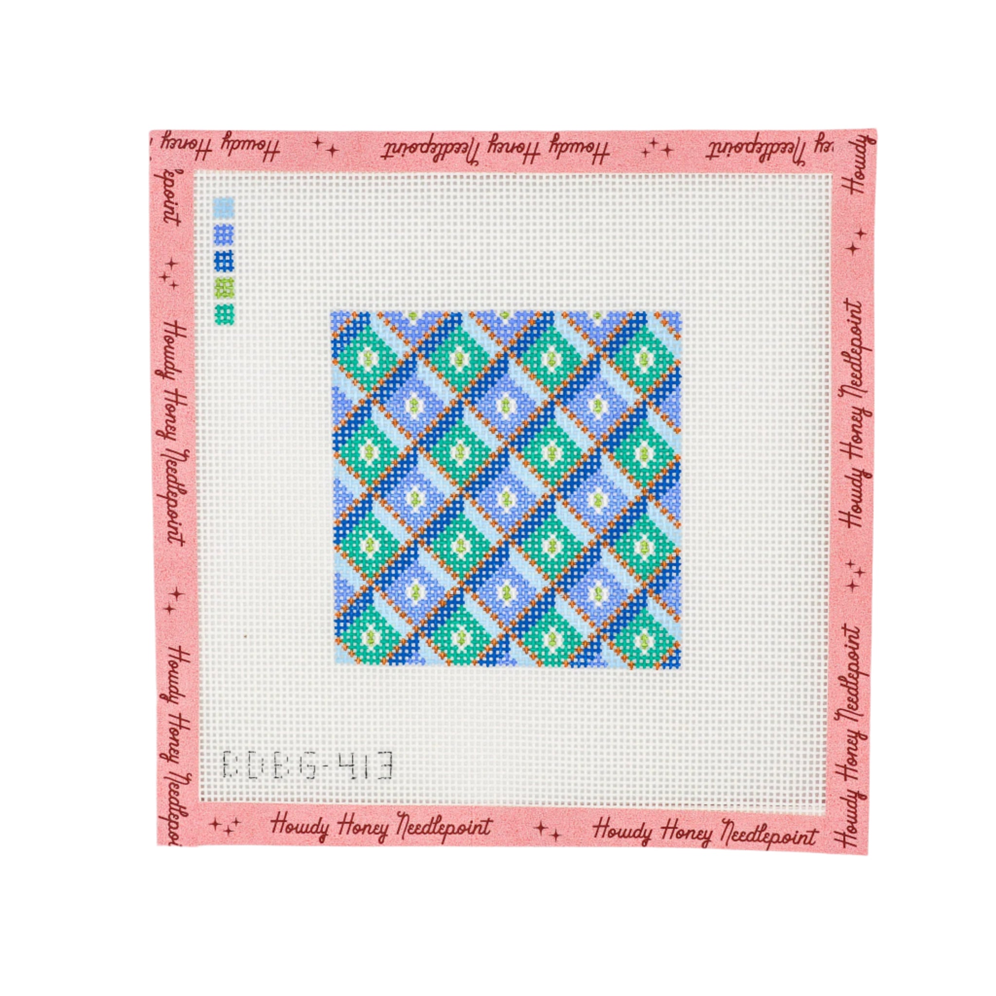 A 4x4 inch needlecraft canvas with a geometric diamond pattern in blue and green colors, labeled with 'Honey Hollow' and a reference number 'DU843'.