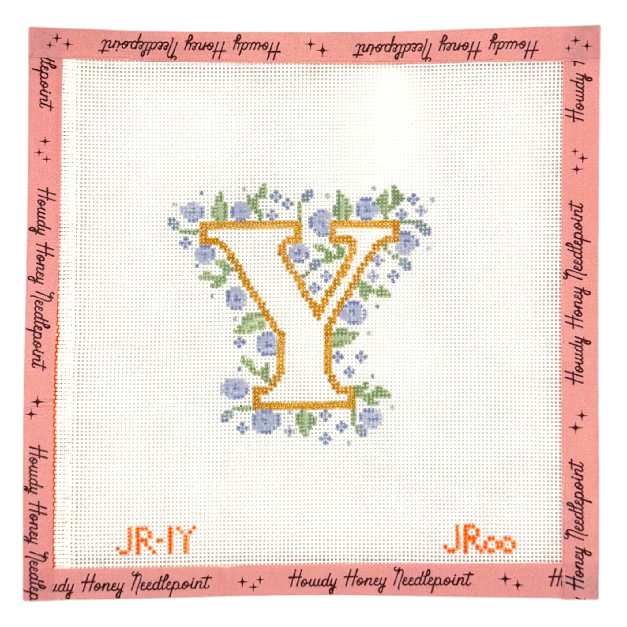 Cross-stitched letter 'Y' with flowers on a white background, framed by 'Howdy Honey Needlepoint' text.