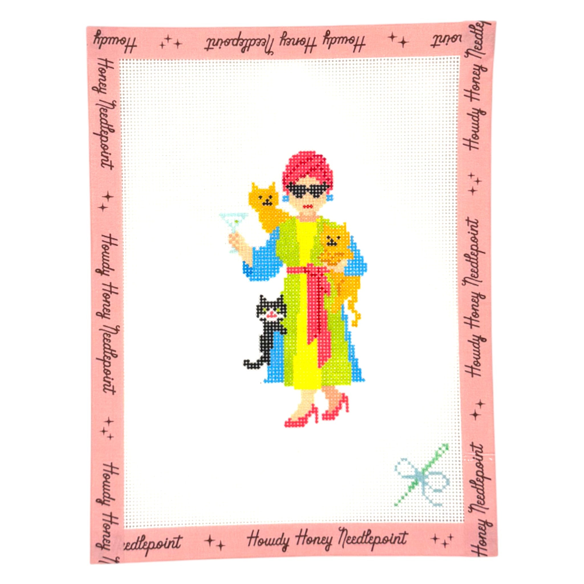 Colorful illustration of a person holding cats with 'Howdy Honey Needlepoint' branding on a pink border.