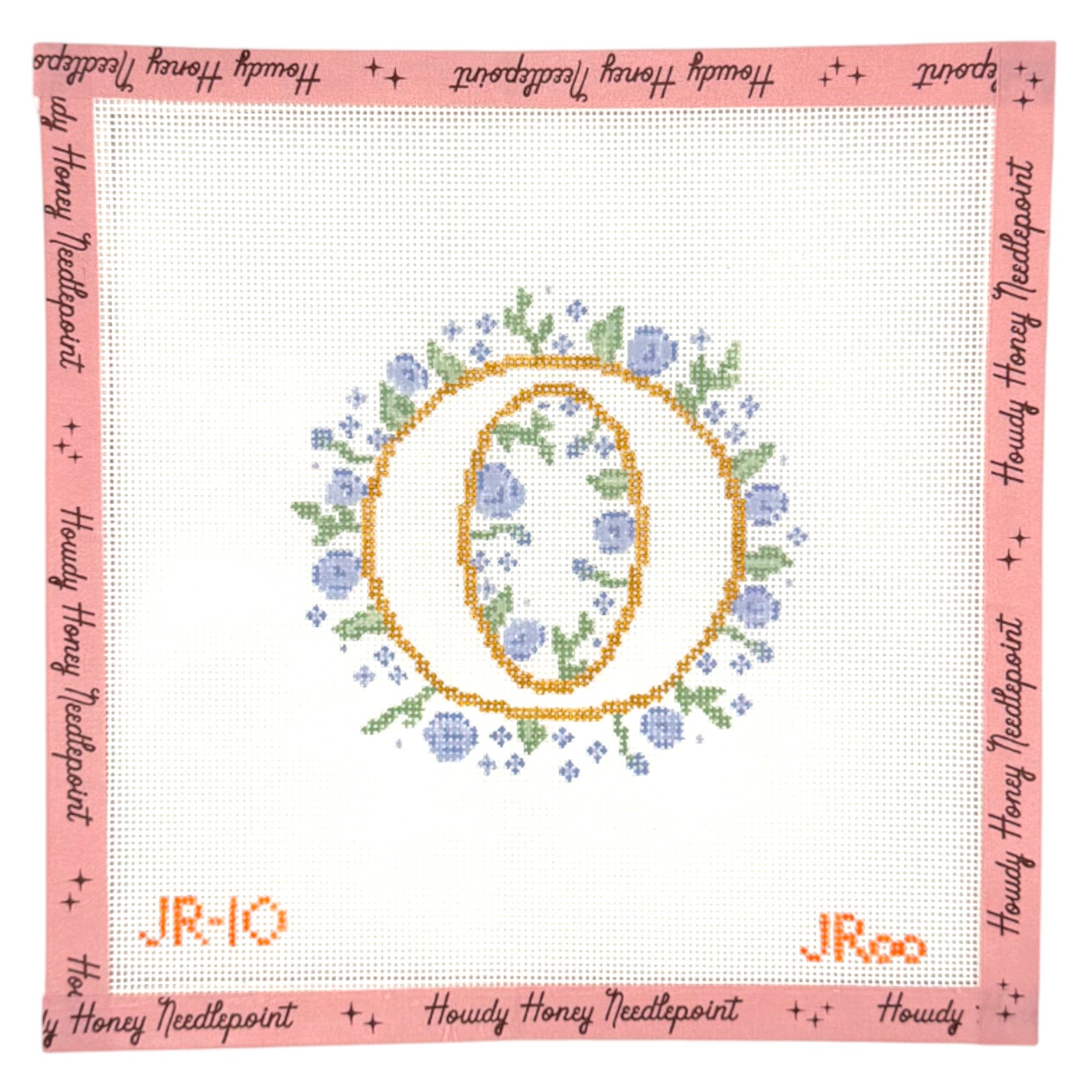 Floral design with letter 'O' on a white background, framed by text border.