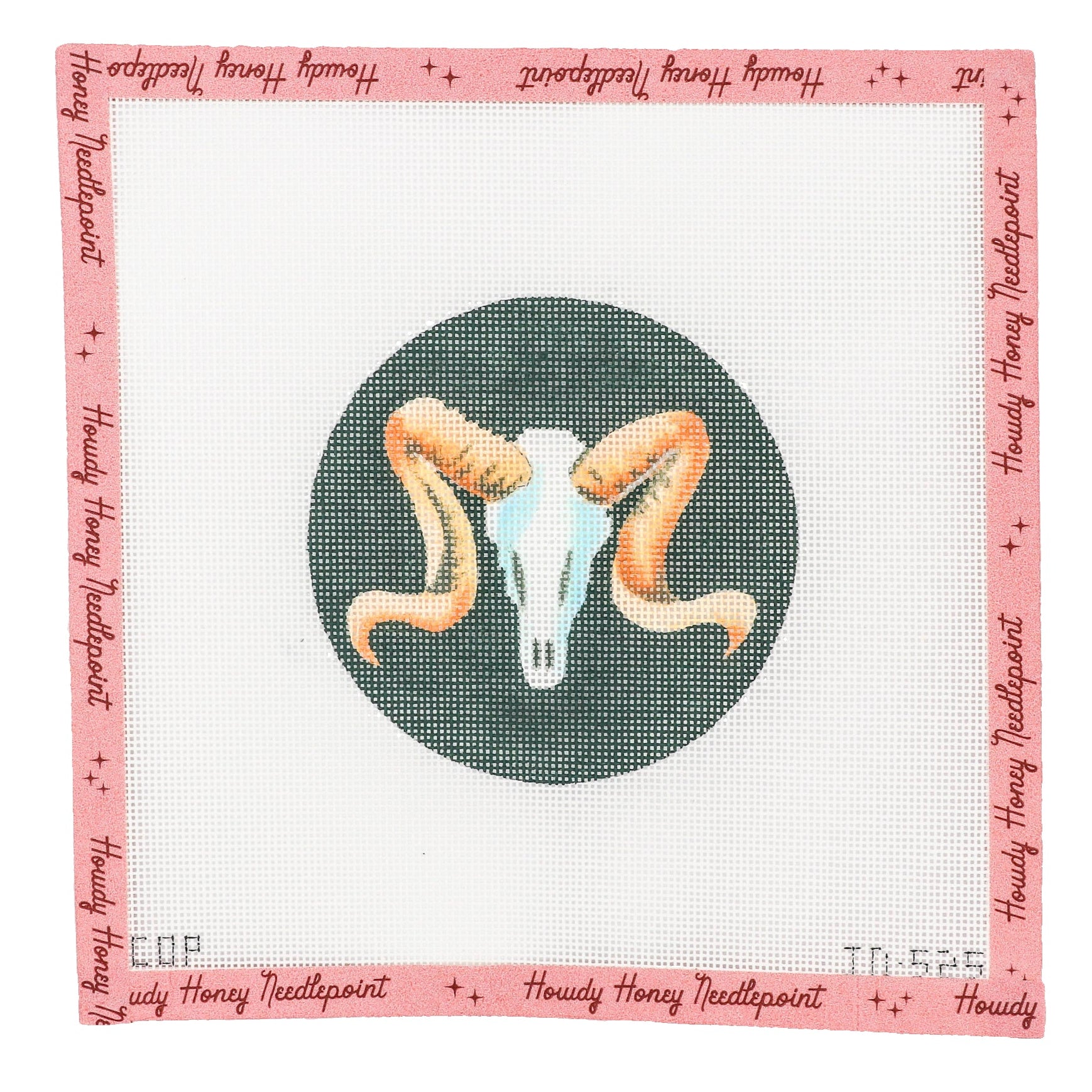 Decorative panel with ram skull design and pink border on a white background