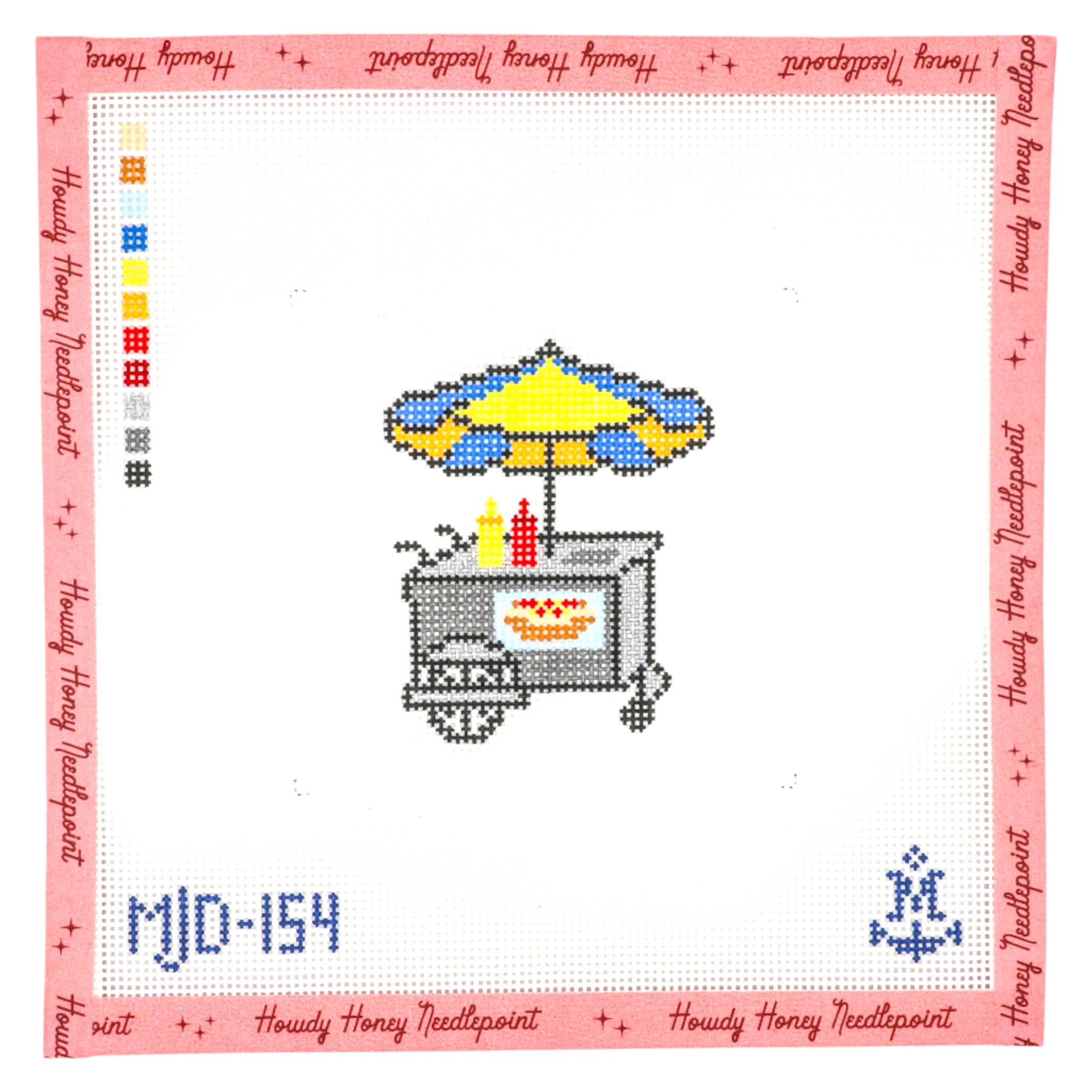 Cross-stitched design of a television with a star on top, framed by 'Howdy Honey Needlepoint' text.