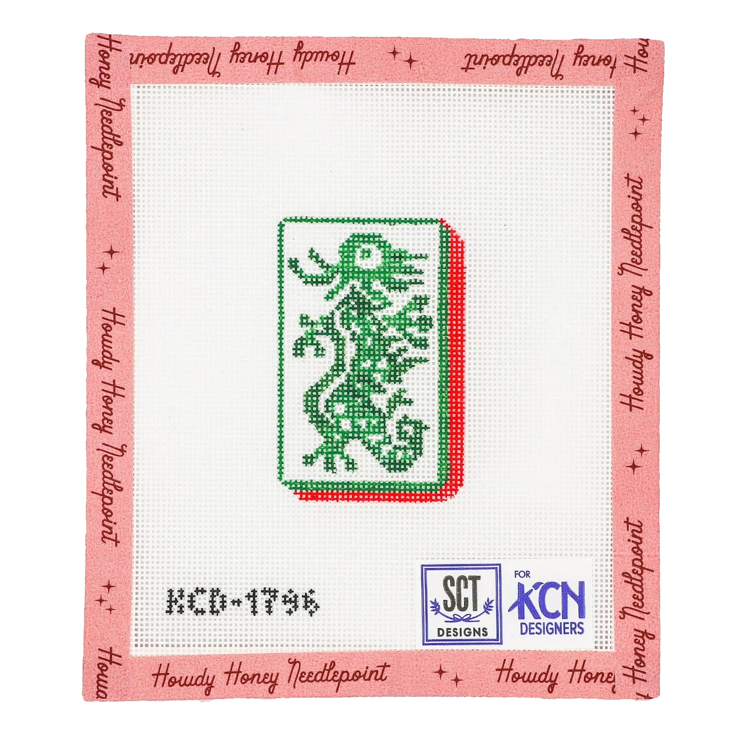 A 2x3 inch tapestry canvas with a green dragon design, pink background, and text that includes 'Happy Holidays' and the brand name 'KCN'.