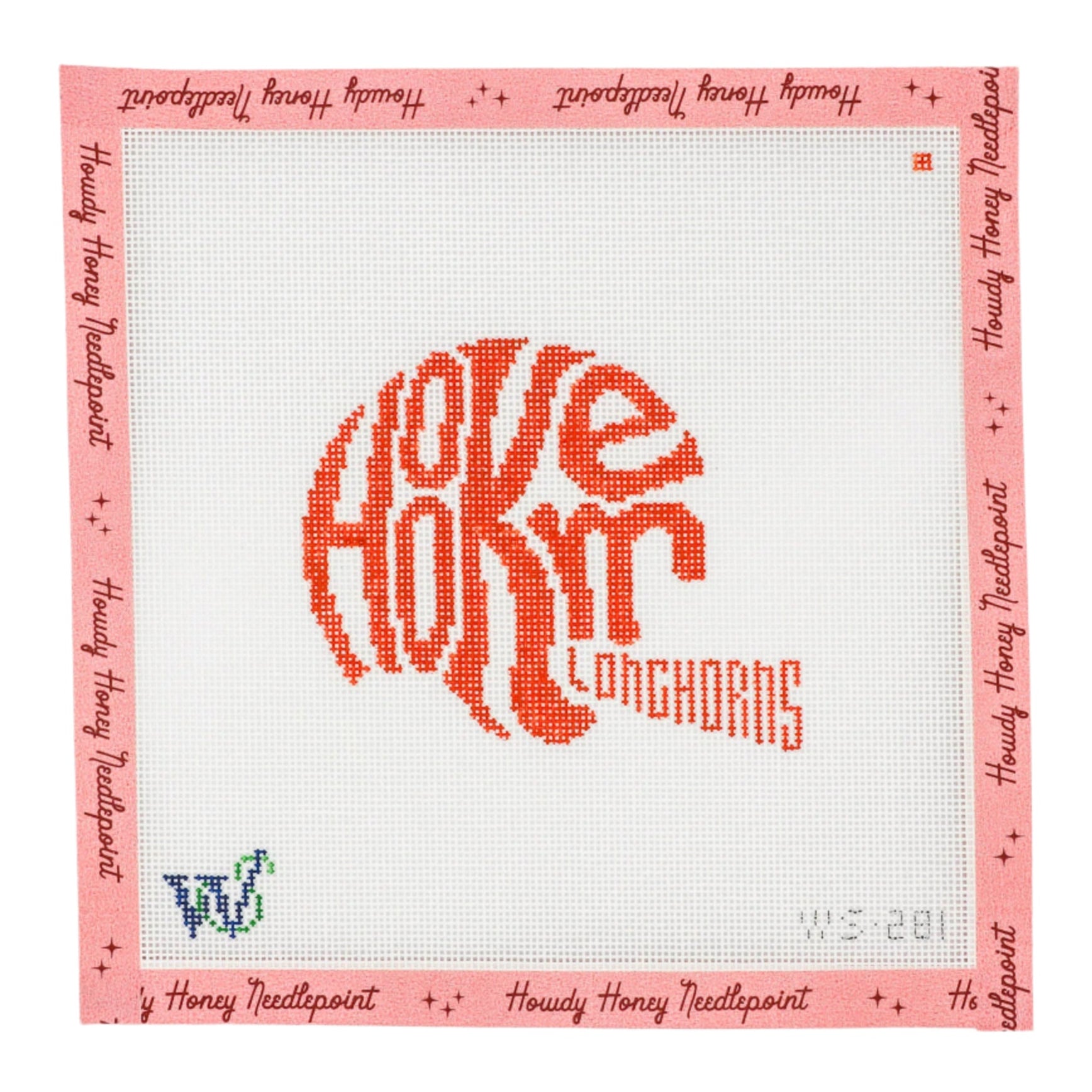 A round tapestry needlework canvas with a design that includes the text 'LONGHORNS' and a stylized representation of a football helmet in red and orange on a white background, indicating a sports theme, specifically college football.