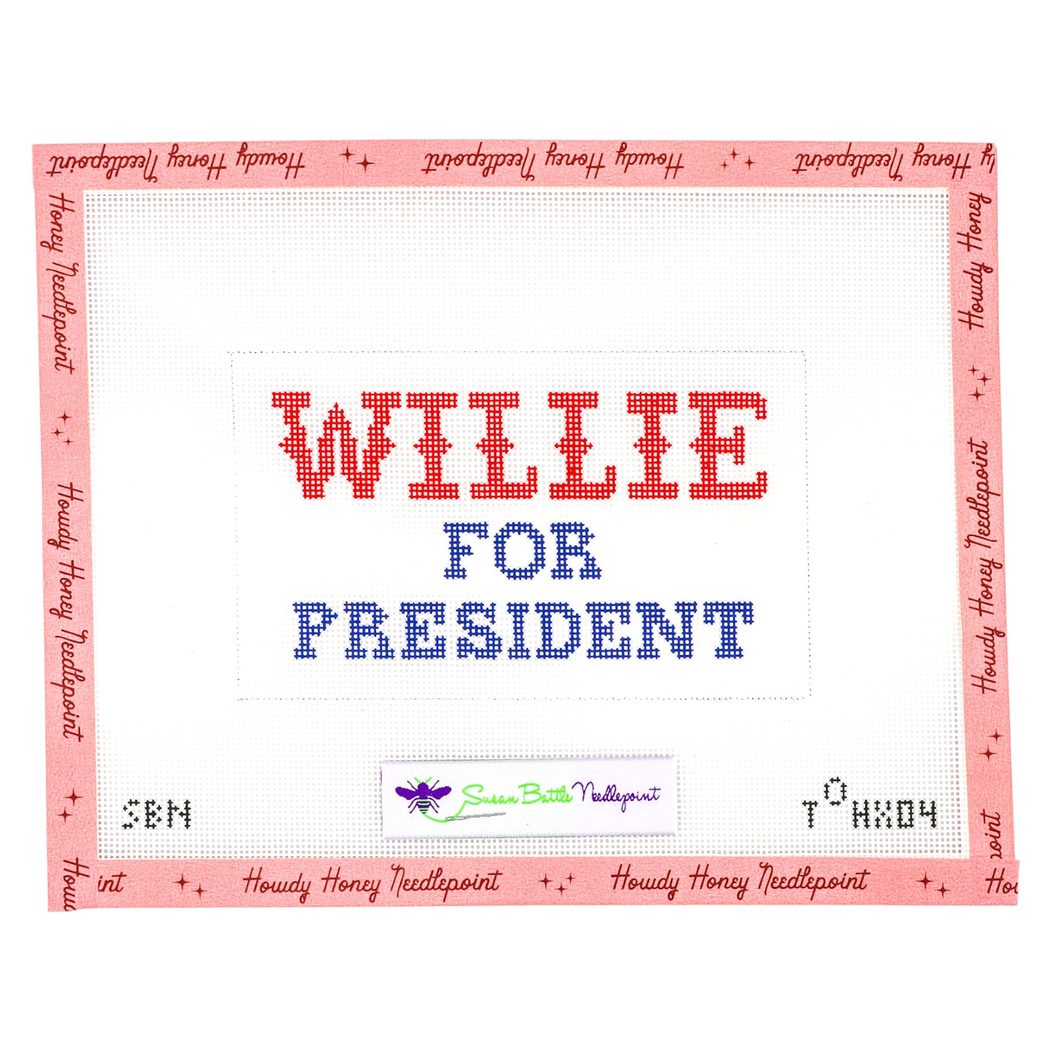 Embroidery design with 'WILLIE FOR PRESIDENT' text on a white background with red border.