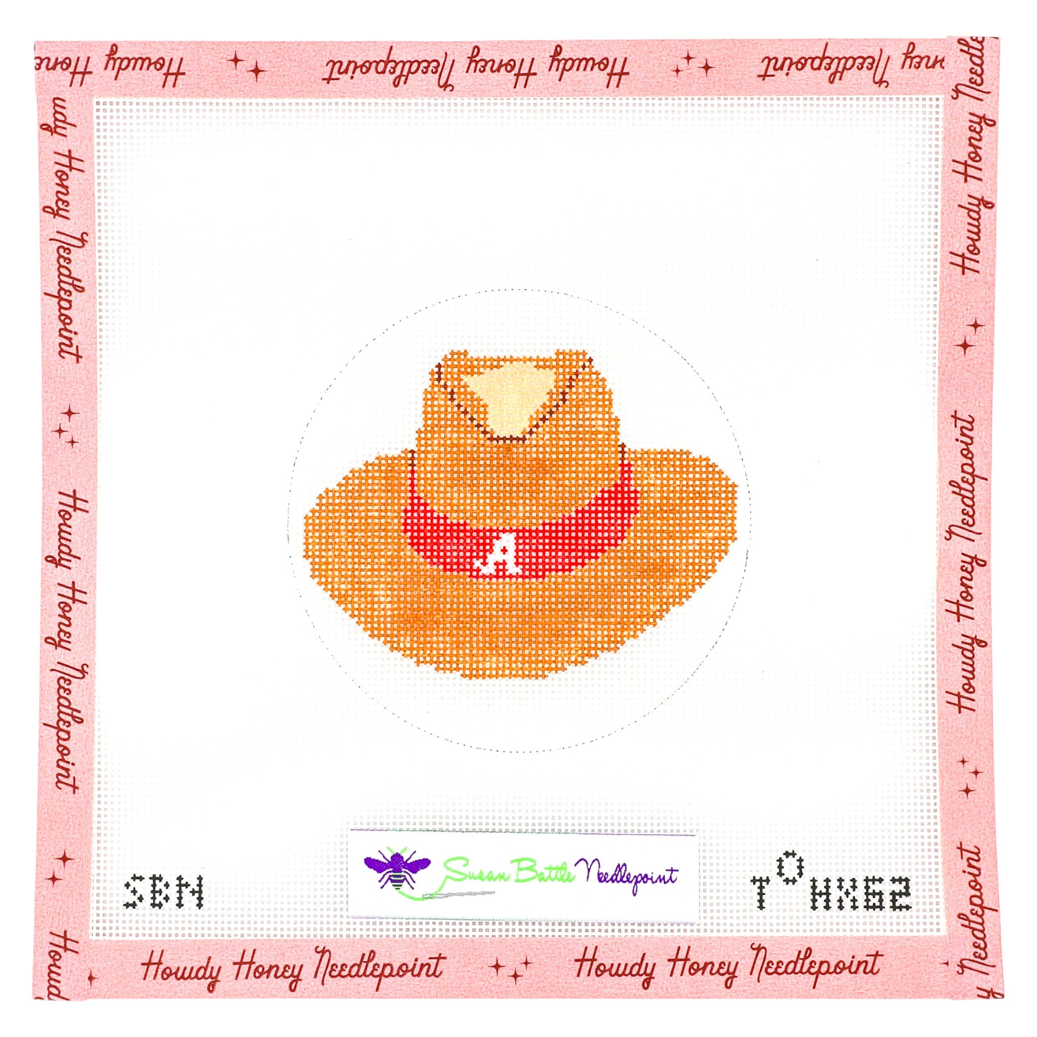 Cross-stitched design of a yellow hat with a red band on a white background, framed by 'Howdy Honey Needlepoint' text.