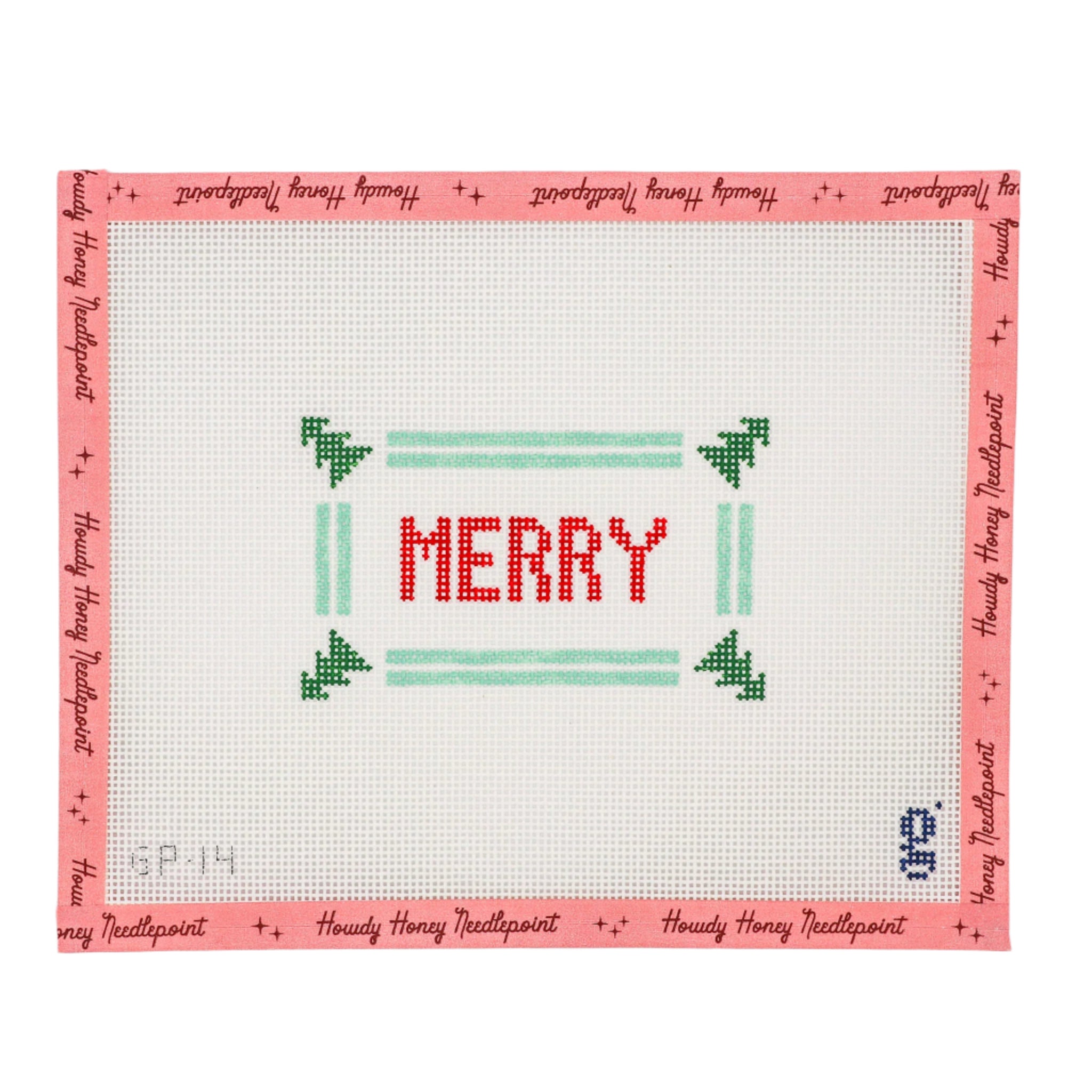 A hand-painted canvas with a mesh design featuring the word 'Merry' in red, flanked by green arrows on either side, with a decorative pink border with the word 'honey' repeated.