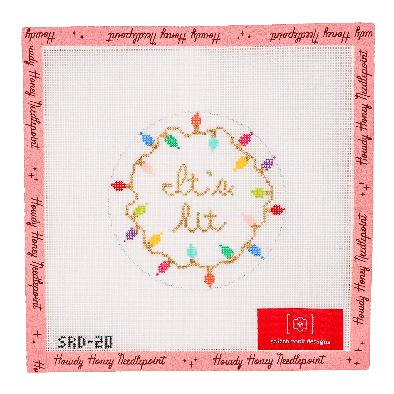 A hand-painted canvas with a round design featuring multicolored lights and the text 'It's Lit' in the center, surrounded by a pink border with the brand 'Houzz' at the bottom.