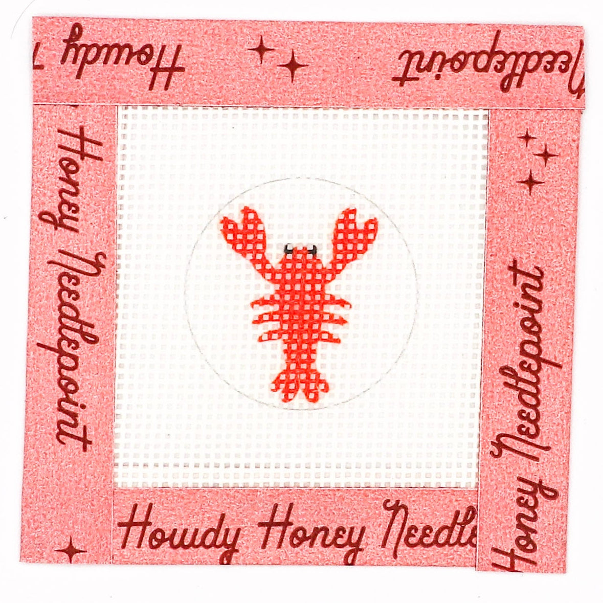 A small square canvas with a lobster design in the center, surrounded by text that reads 'Howdy Honey Needle.' The canvas is pink with a white central panel and red text.