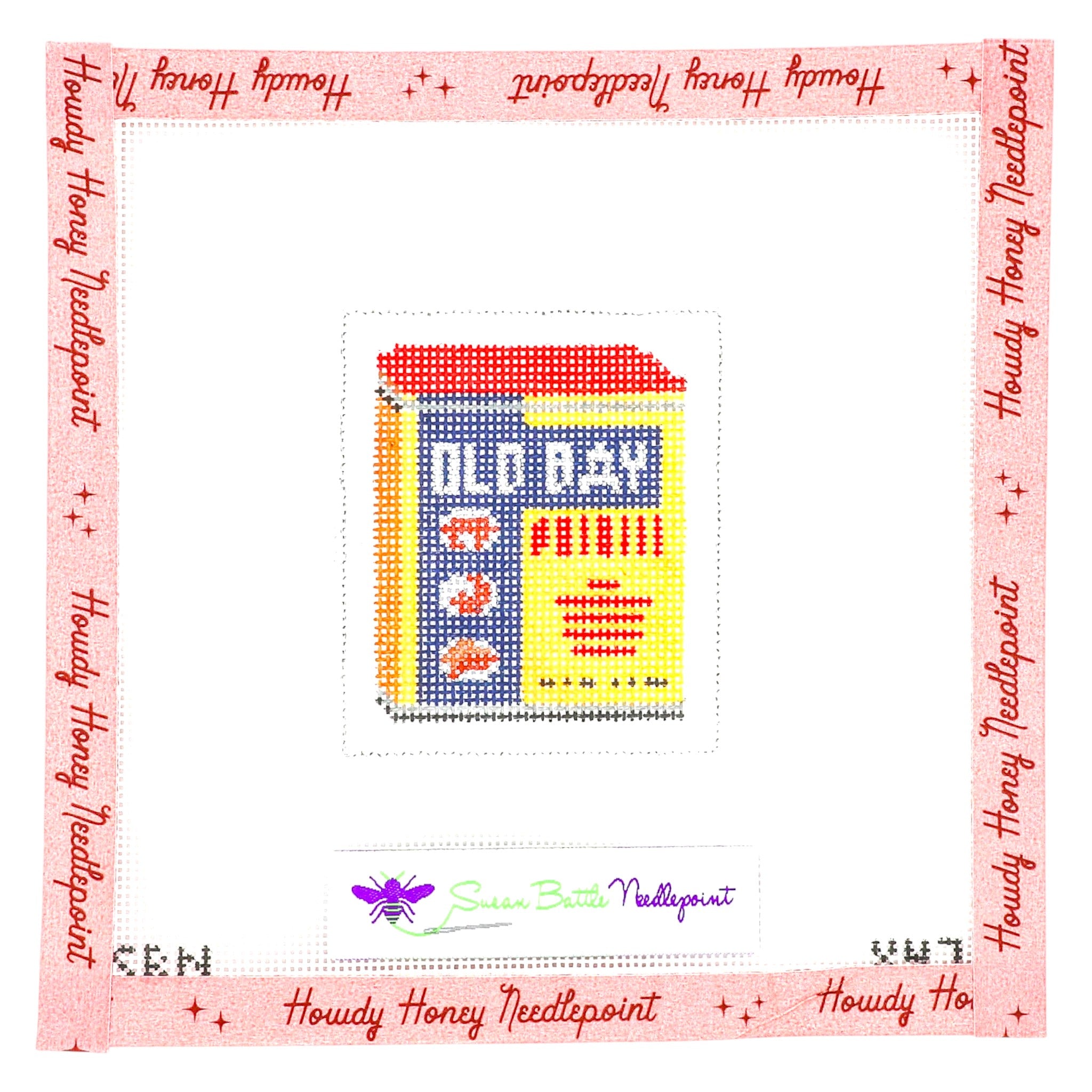 Cross-stitched design of a book with colorful patterns on a white background, framed by 'Howdy Honey Needlepoint' text.