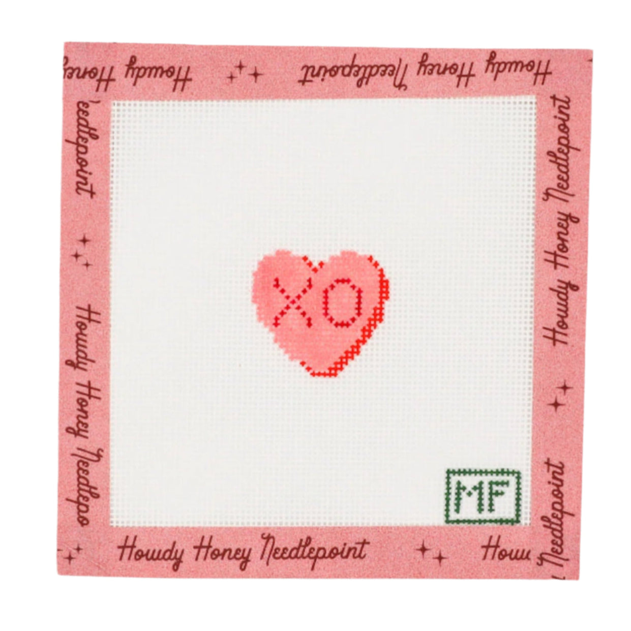 Heart design with 'XO' inside, surrounded by text and a brand logo on a white background.