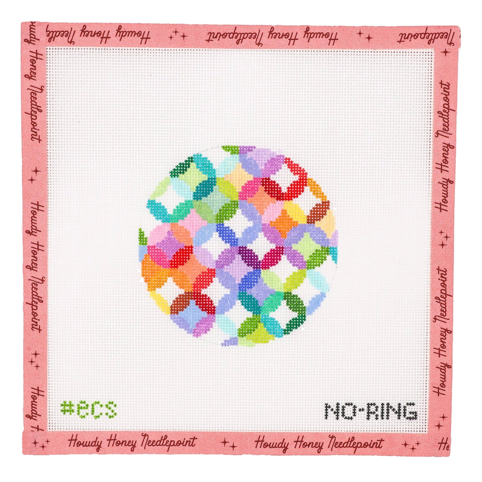 Cross-stitched design with colorful pattern on a white background