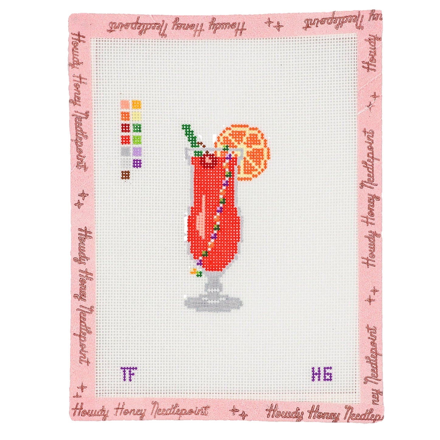 Hand-painted canvas depicting a cocktail glass with a slice of orange and a straw, labeled with 'TF' and 'HS' possibly as initials or markers.