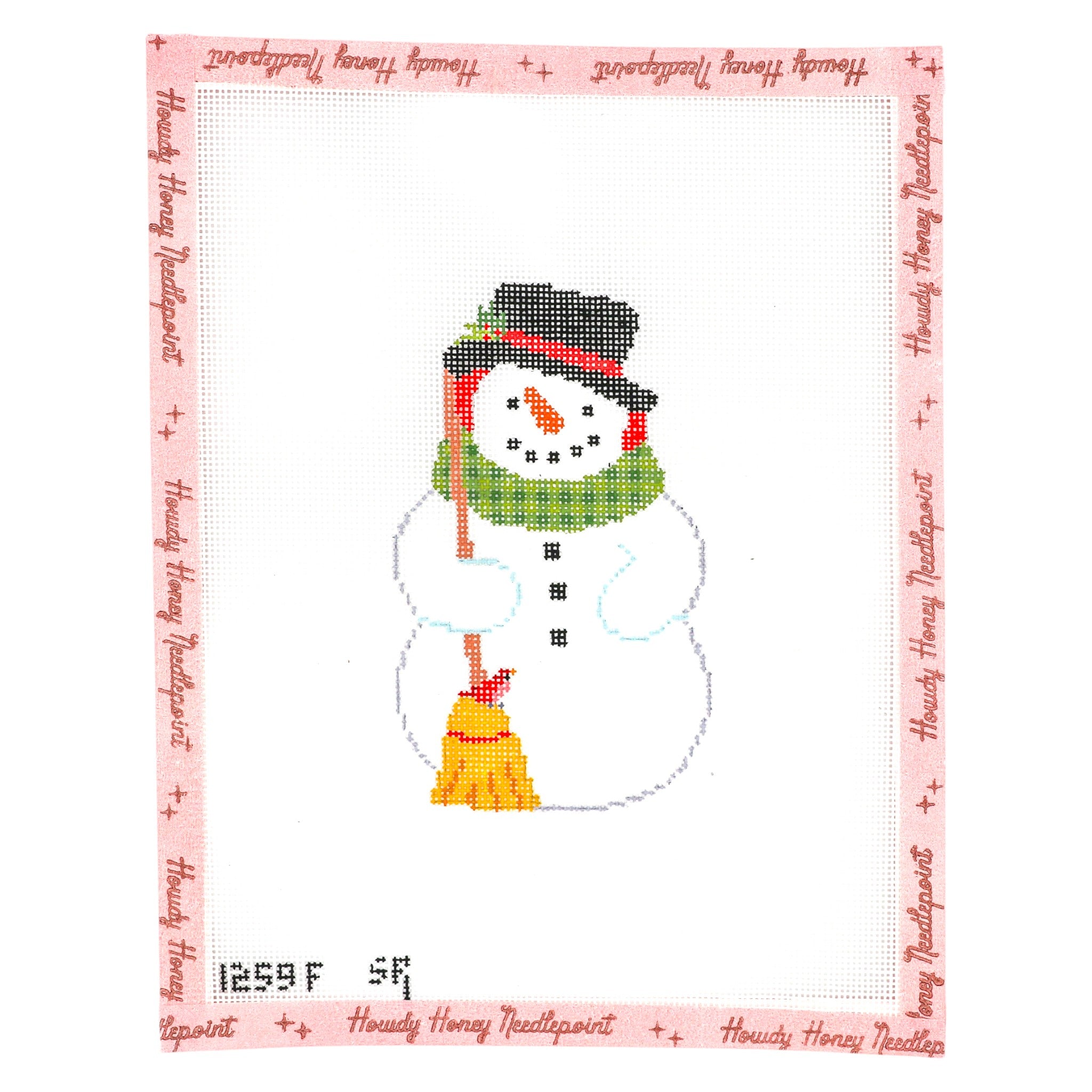 Cross-stitched snowman design on a white background with red border text.