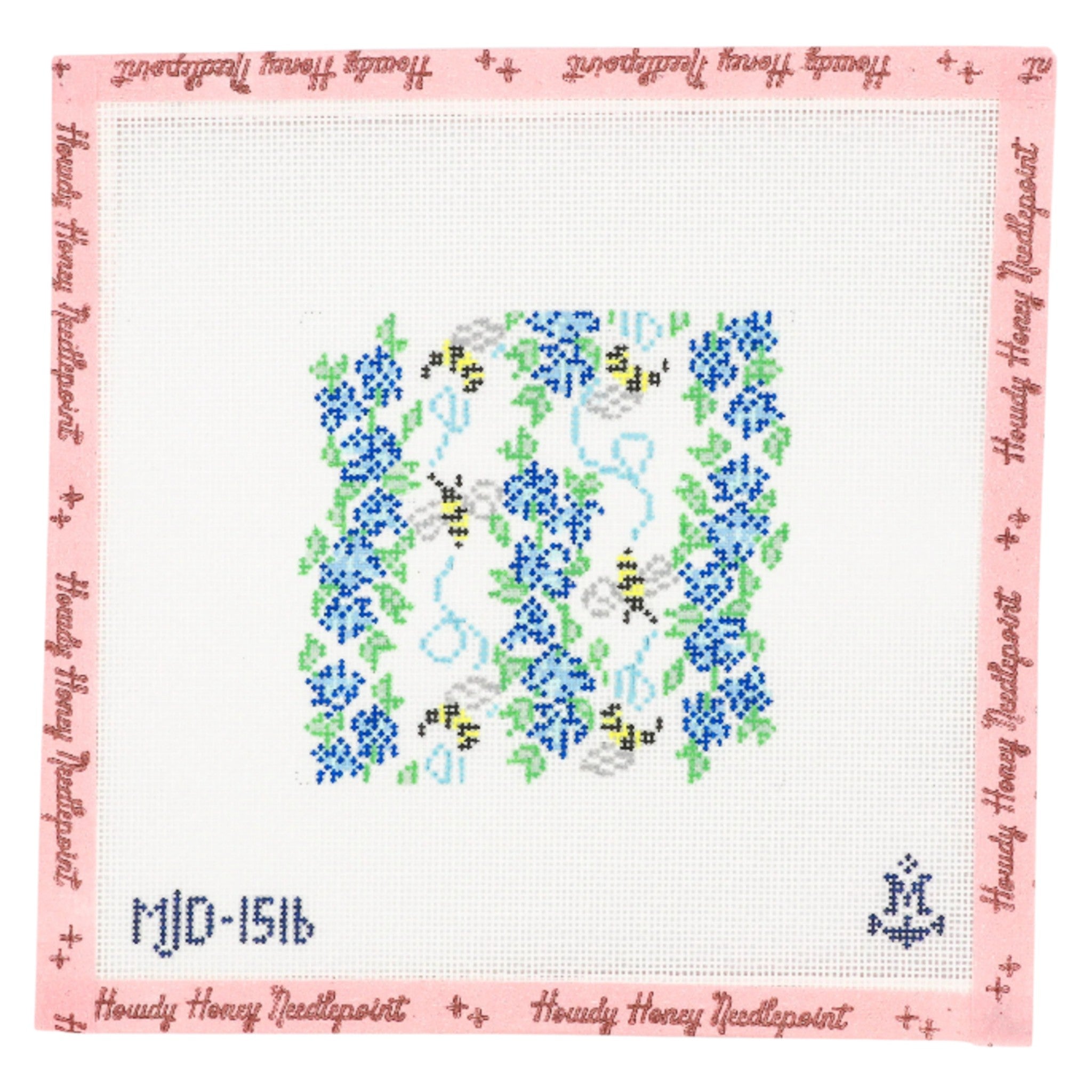 Cross-stitched design with blue flowers and bees on a white background, bordered by pink text.
