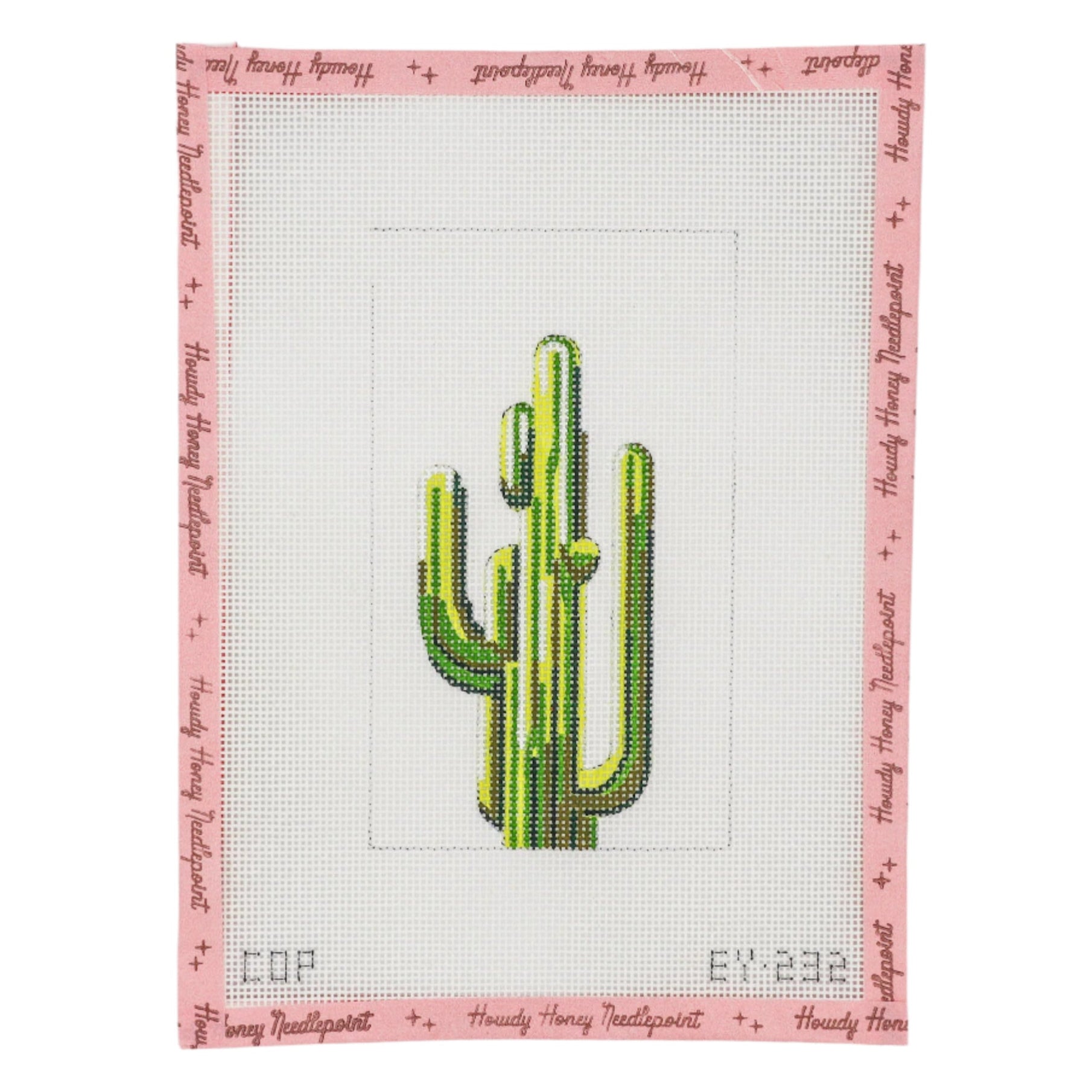 Cross-stitched cactus design on a white background