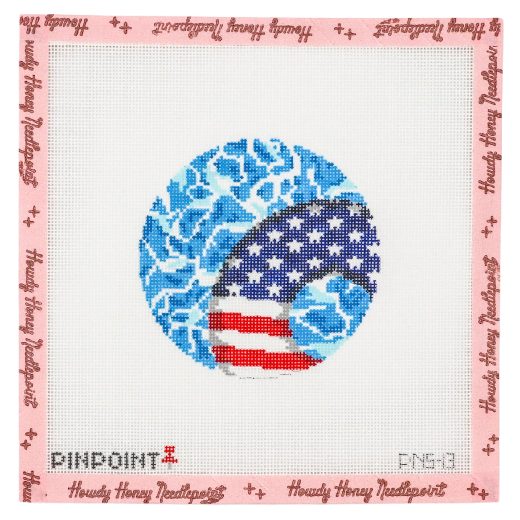 Cross-stitched design of a blue and white pattern with red and white accents on a pink border, featuring 'Heavily Honey Needlepoint' branding.