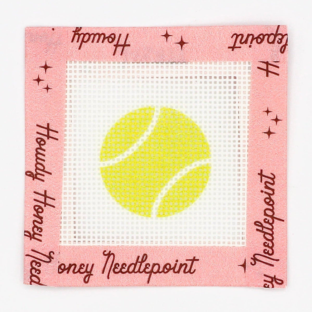 Square patch with tennis ball design and 'only Needlepoint' branding on a white background