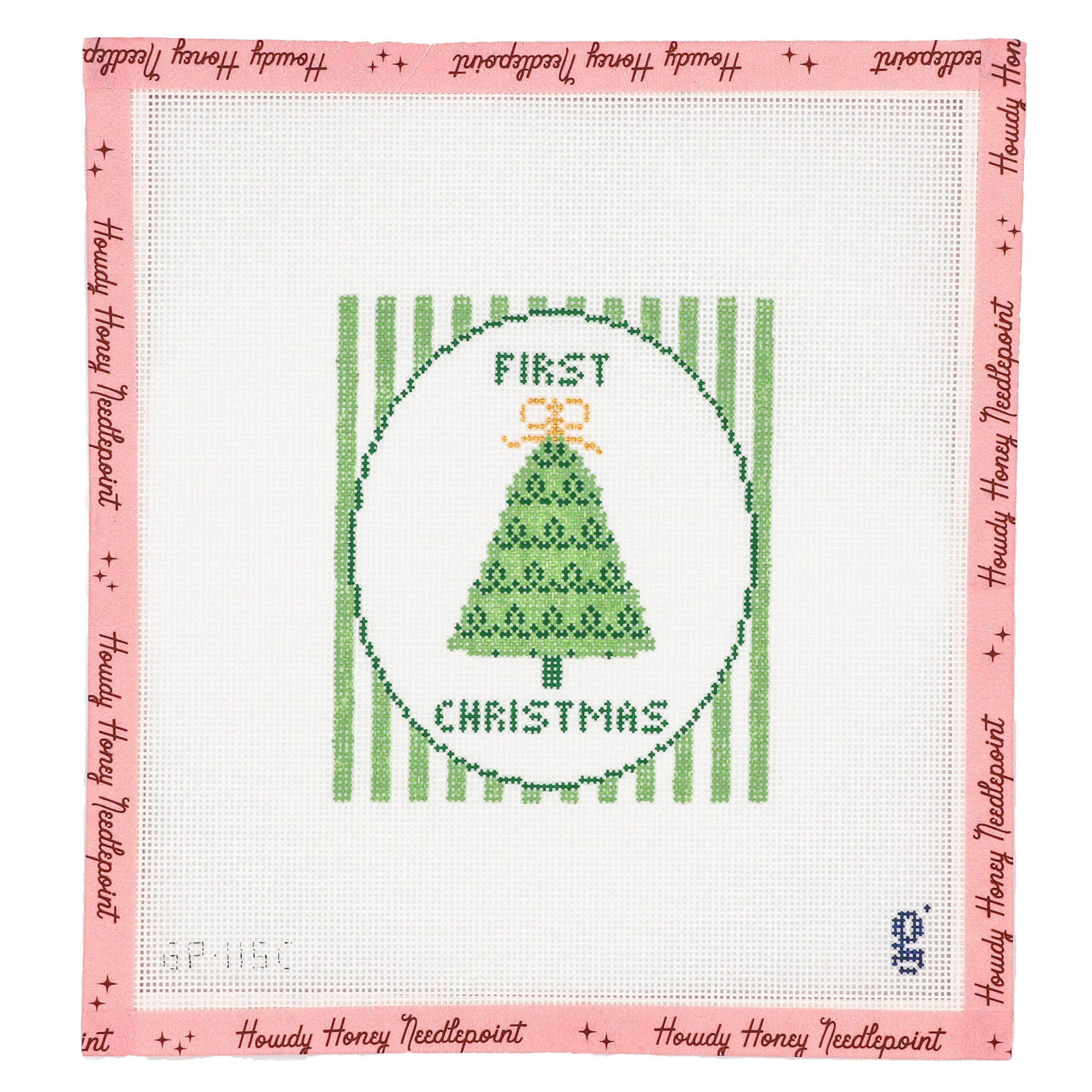 Cross-stitched design of a Christmas tree with 'First Christmas' text on a striped background.