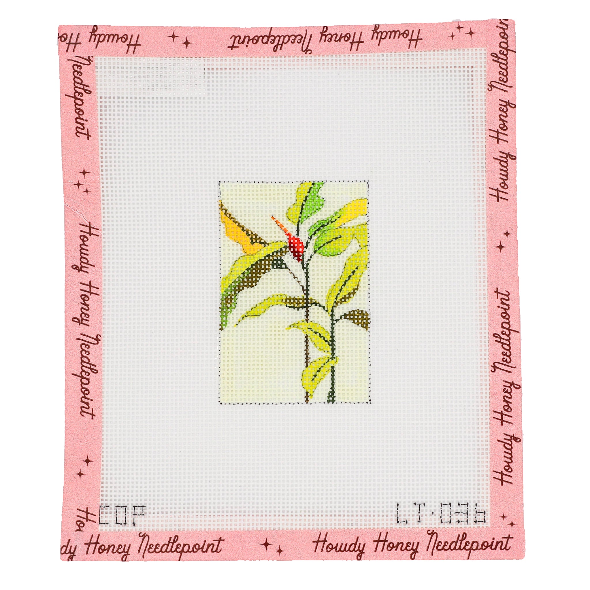 Cross-stitched design of a plant with pink border and 'Howdy Honey Needlepoint' branding.